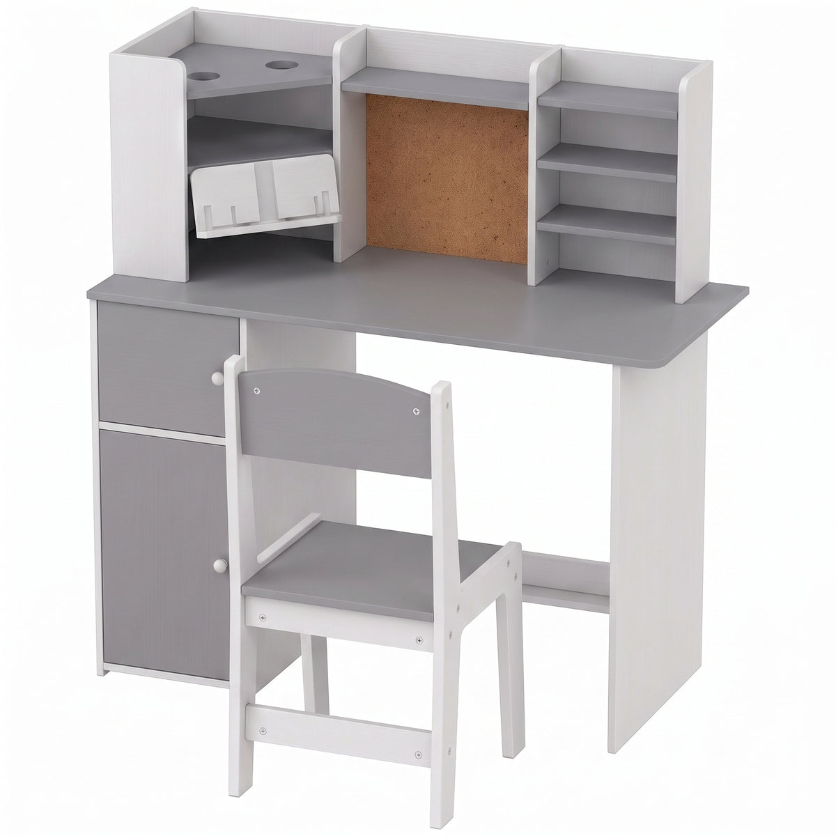 AIYAPLAY Kids Desk and Chair Set Storage Shelves Kids Desk Adjustable Tablet Stand Cork Board Pen Holder Grey