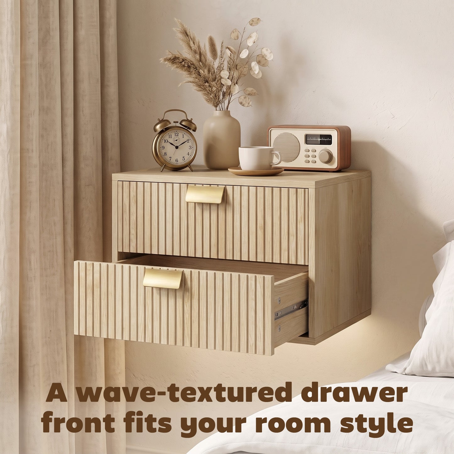 HOMCOM Modern Floating Nightstands Set of 2, Wall Mounted Bedside Tables with 2 Drawers, Oak
