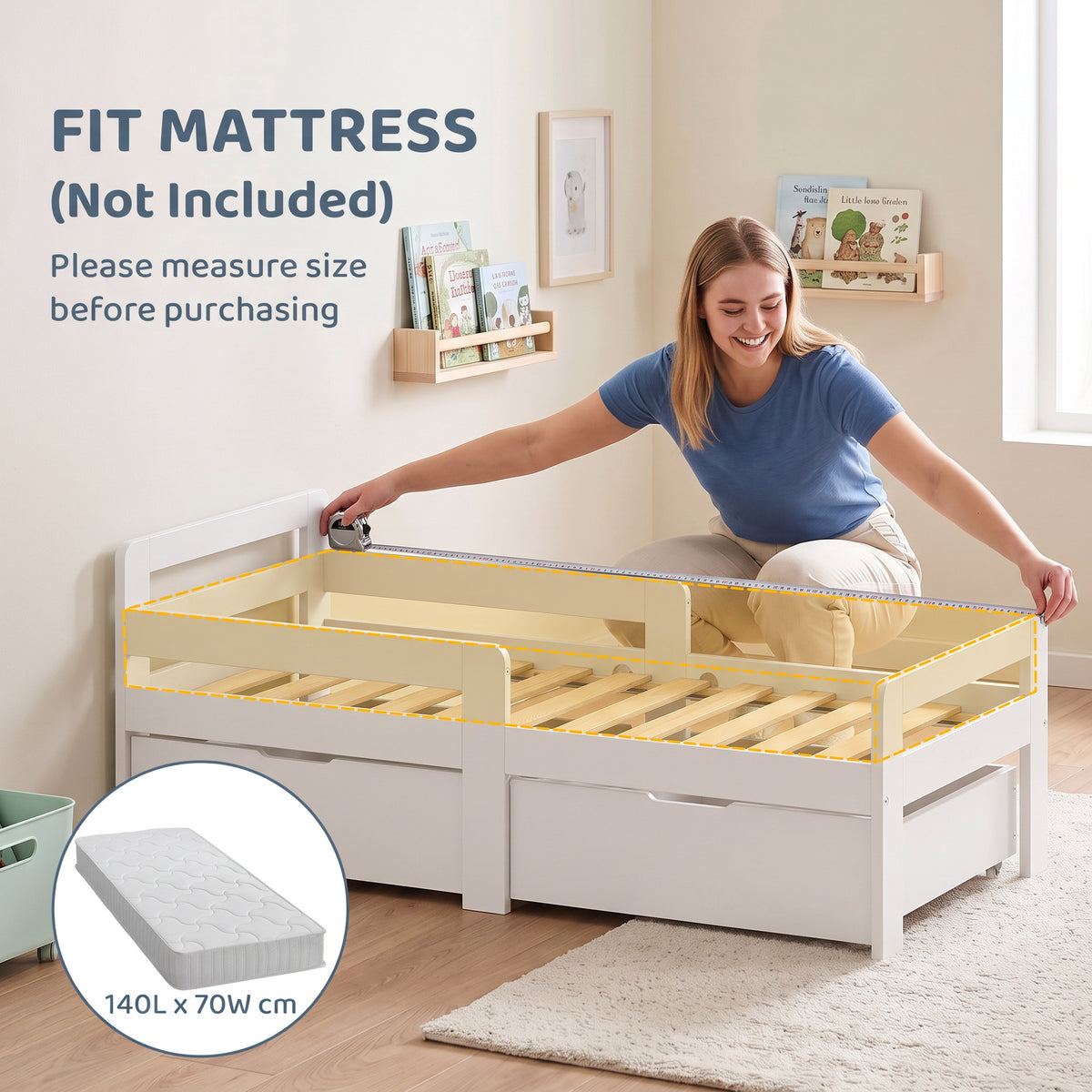 AIYAPLAY Wooden Kids Bed Frame with 2 Storage Drawers and Guard Rails for Ages 4-14, 144 x 76 x 57 cm (No Mattress), White