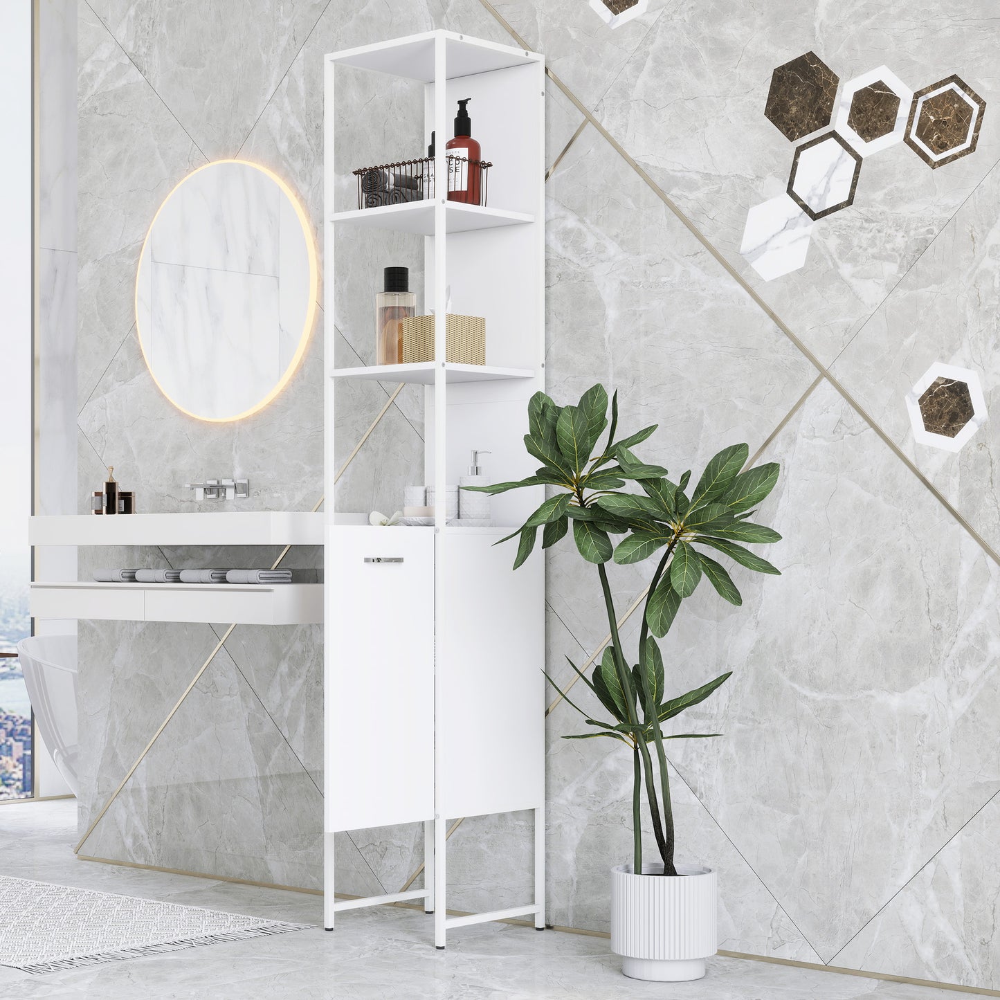 HOMCOM Tall Bathroom Cabinet with Open Shelves and Adjustable Shelf - White