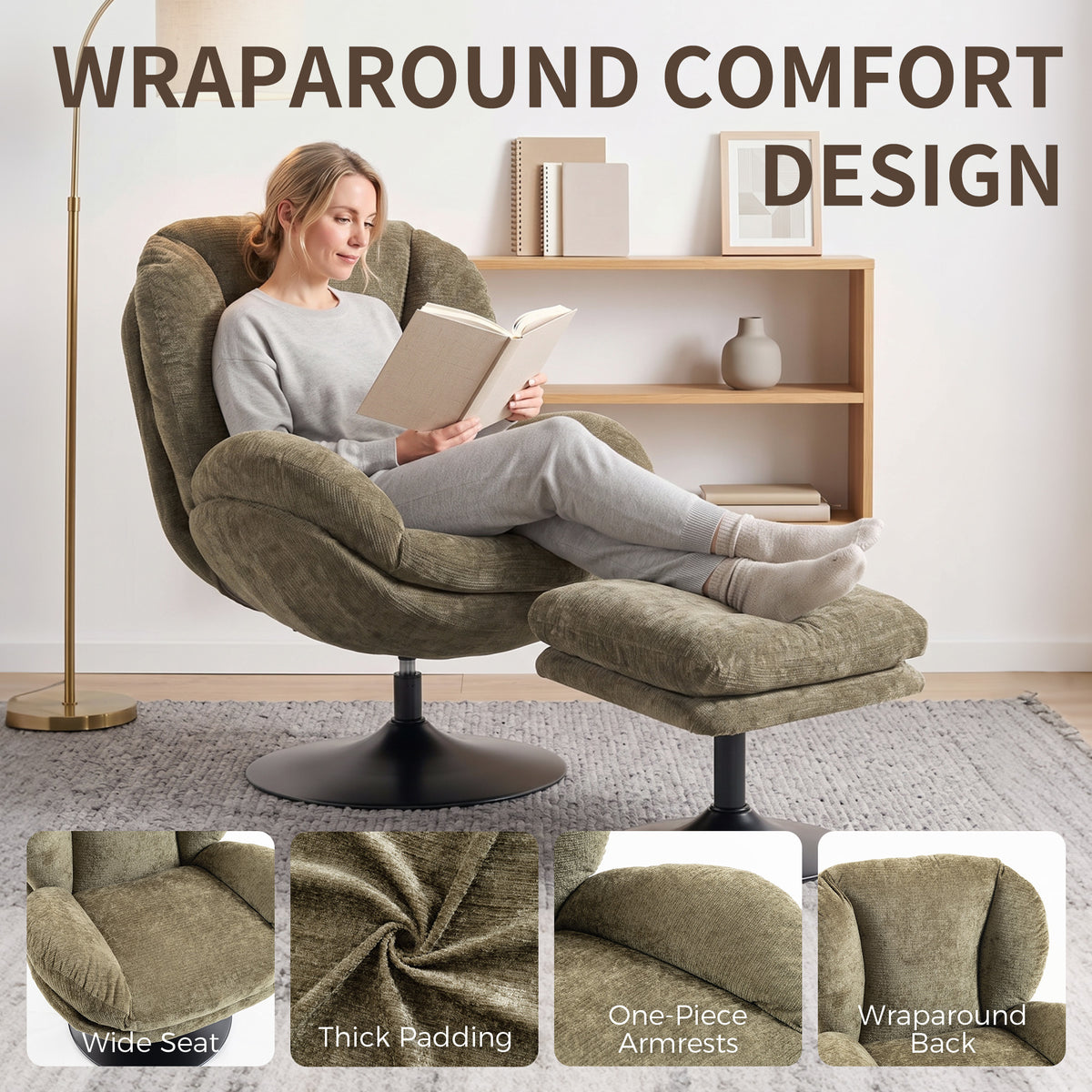 HOMCOM Modern Chenille Lazy Chair with Ottoman, 360Â° Swivel, Upholstered Reading Seat Set for Living Room, Dark Green