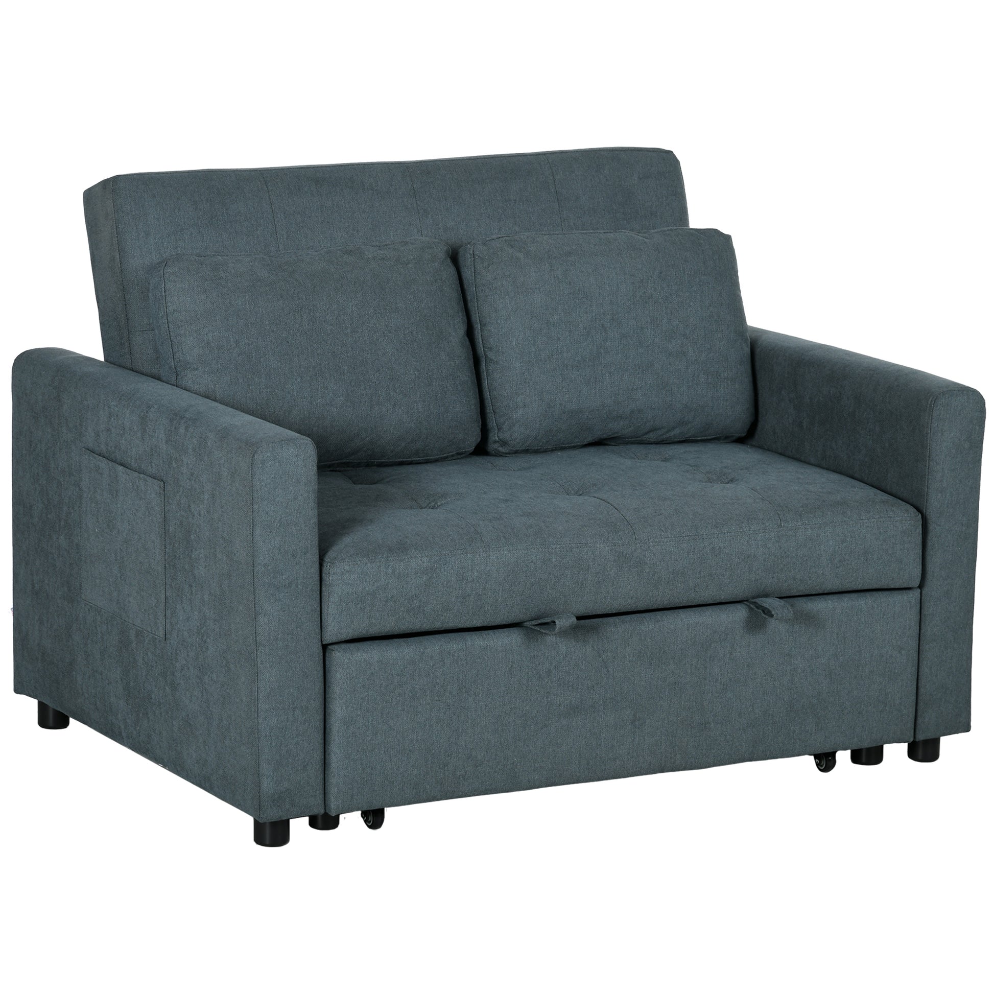 HOMCOM Loveseat Sofa Bed, Convertible Bed Settee with 2 Pillows, Side Pockets, Charcoal Grey