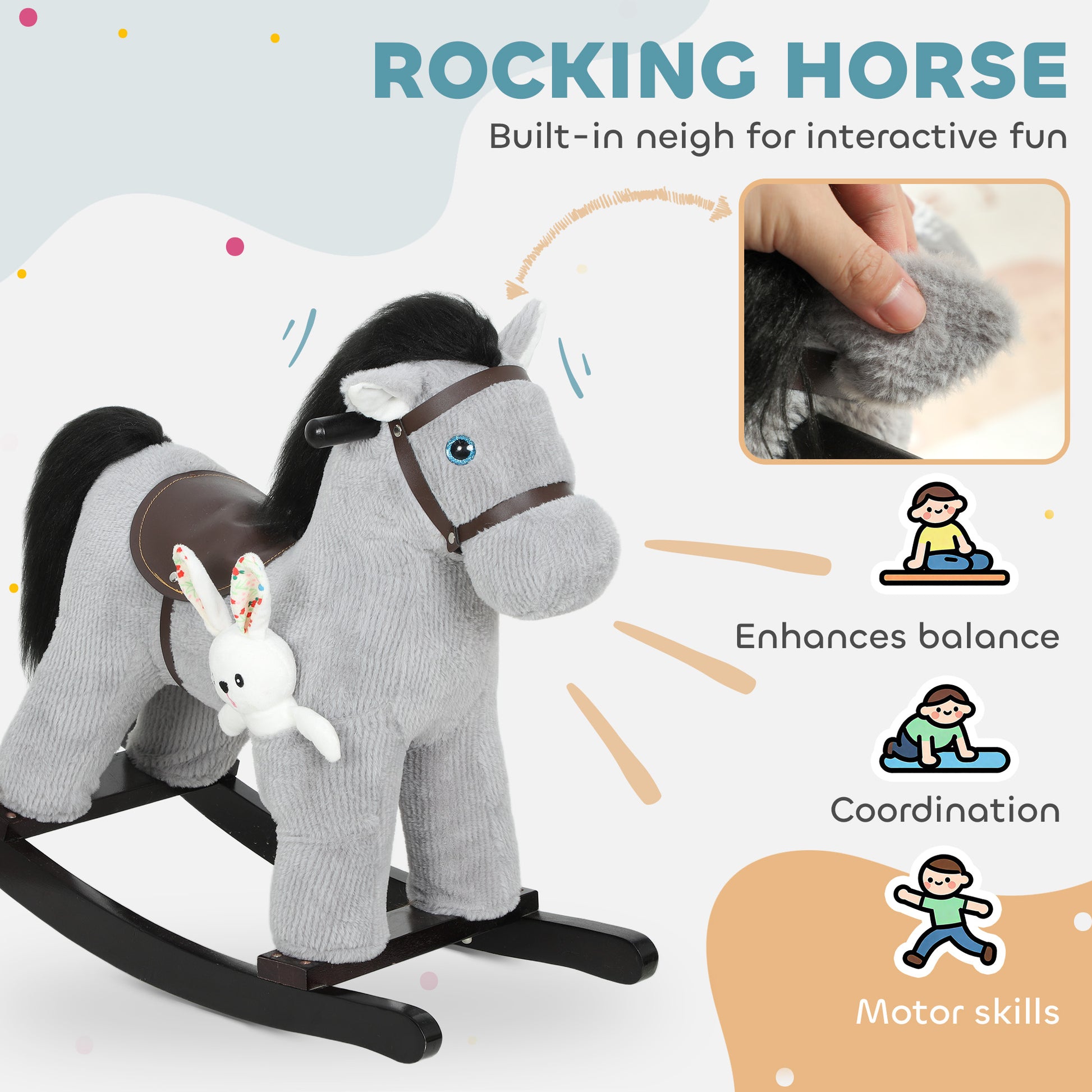 AIYAPLAY Baby Rocking Horse, Plush Ride on Toy with Handle Grip, Sound and Doll, Toddler Animal Rocker for Kids Aged 2-5, Grey