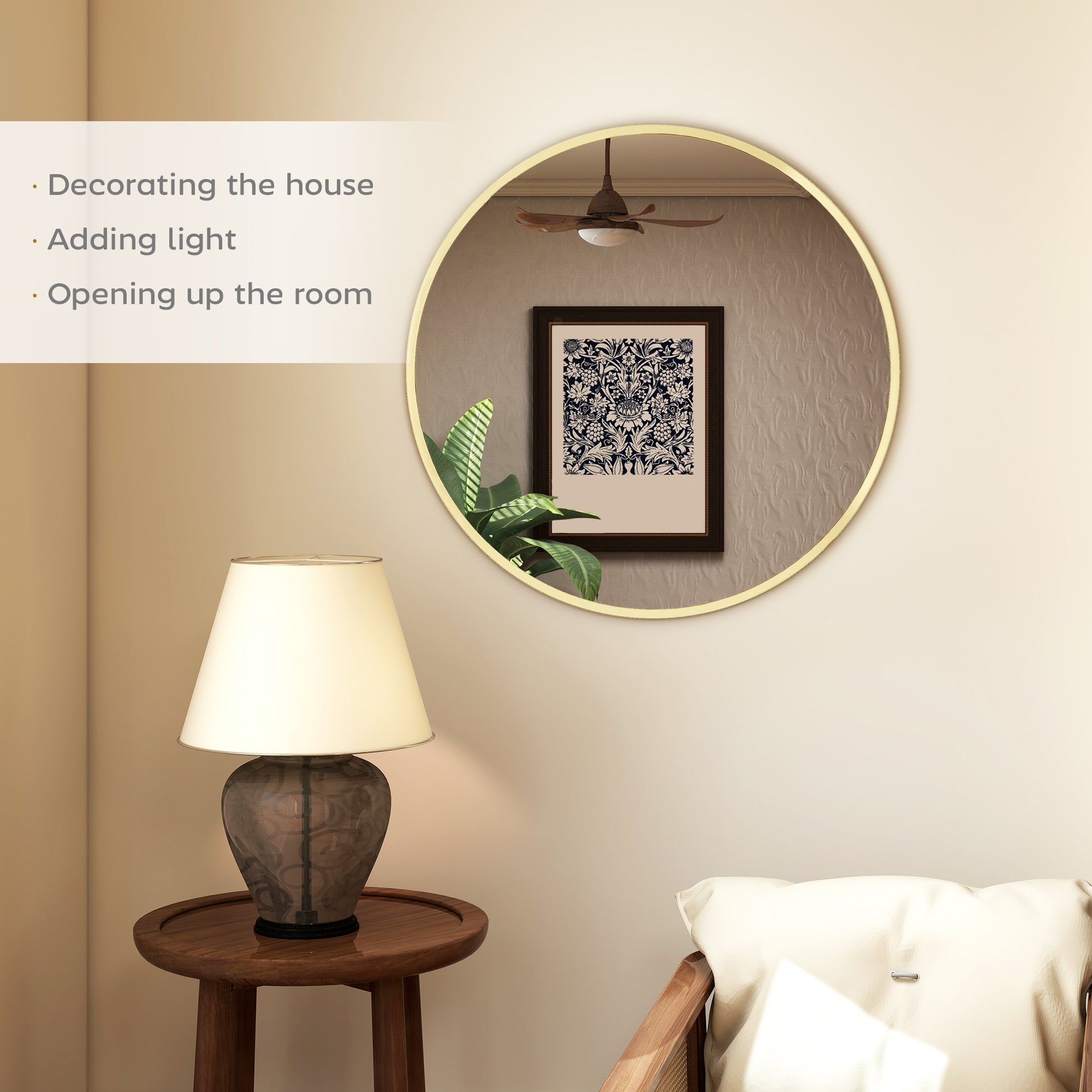 HOMCOM 61cm Decorative Wall Mirror for Bedroom Living Room, Modern Round Bathroom Mirror for Home Decor, Gold Tone