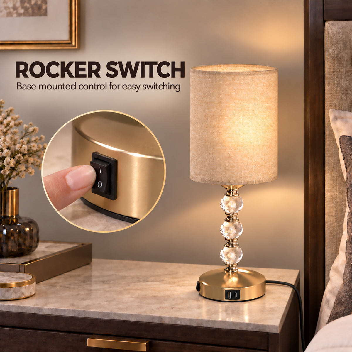 HOMCOM Bedside Lamp, Modern Crystal Decoration Table Lamp with PVC shade, USB A+C Charging Ports, Bulb Not Included, Gold Tone