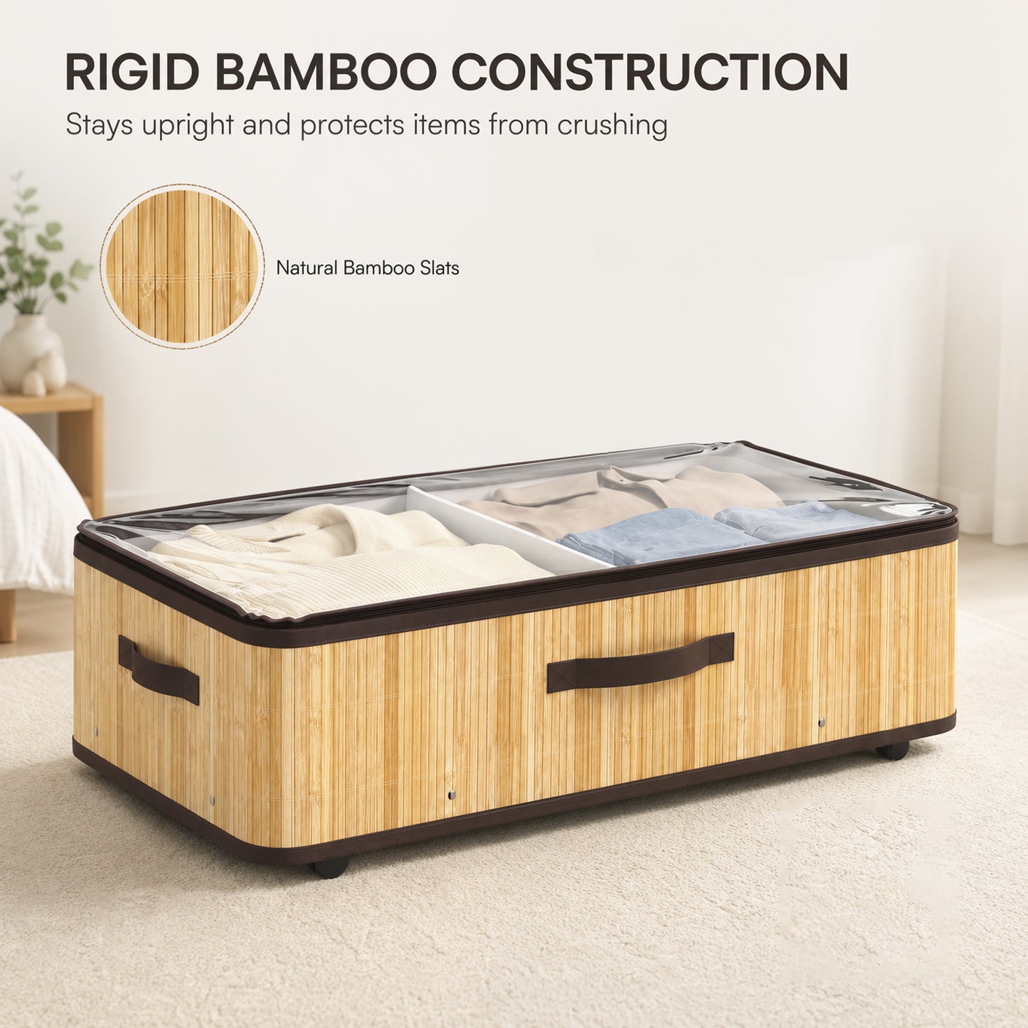 HOMCOM 60L Under Bed Storage with Wheels Pack of 2, Underbed Storage Box with Clear Lid Cover and Reinforced Handle, Natural