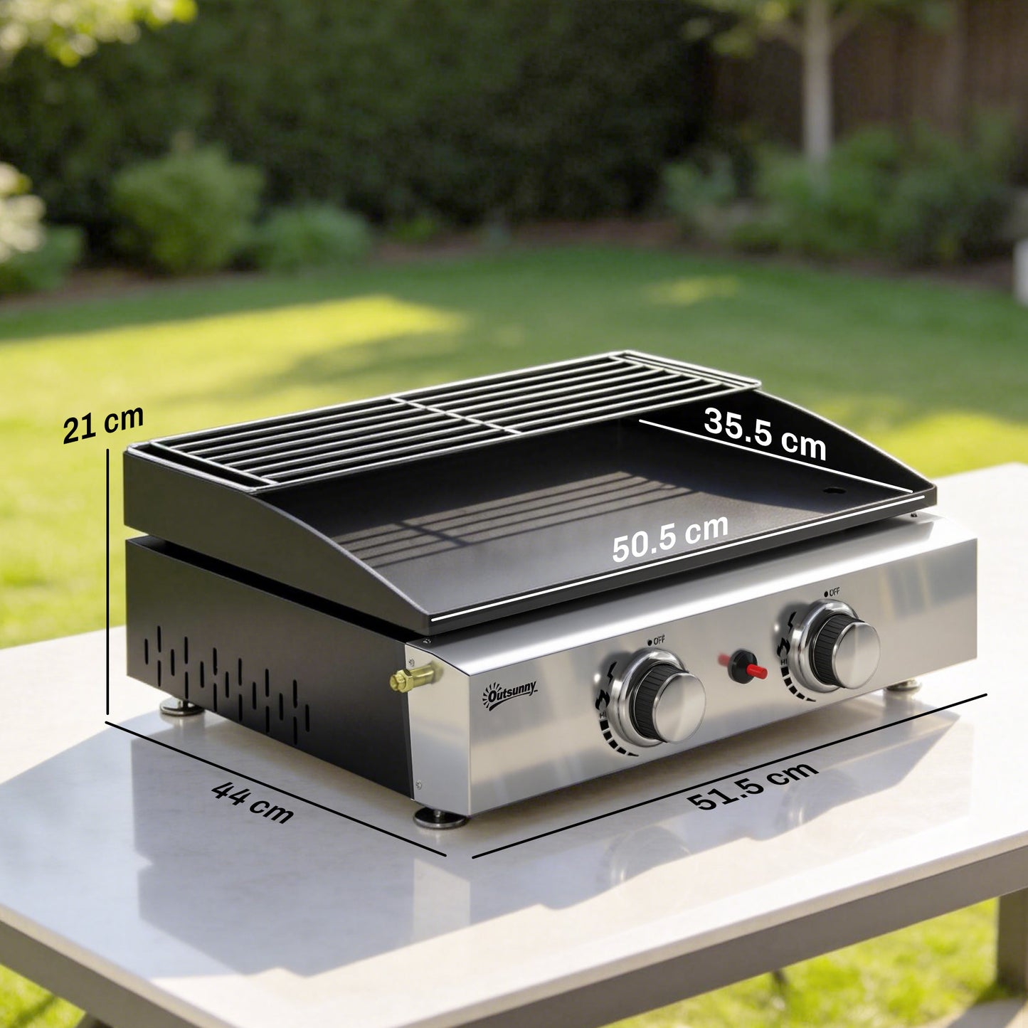 Outsunny 2 Burner Grill Griddle, Portable Gas Plancha with Warming Rack, 5 kW, Tabletop Gas BBQ with Grease Cup, Black