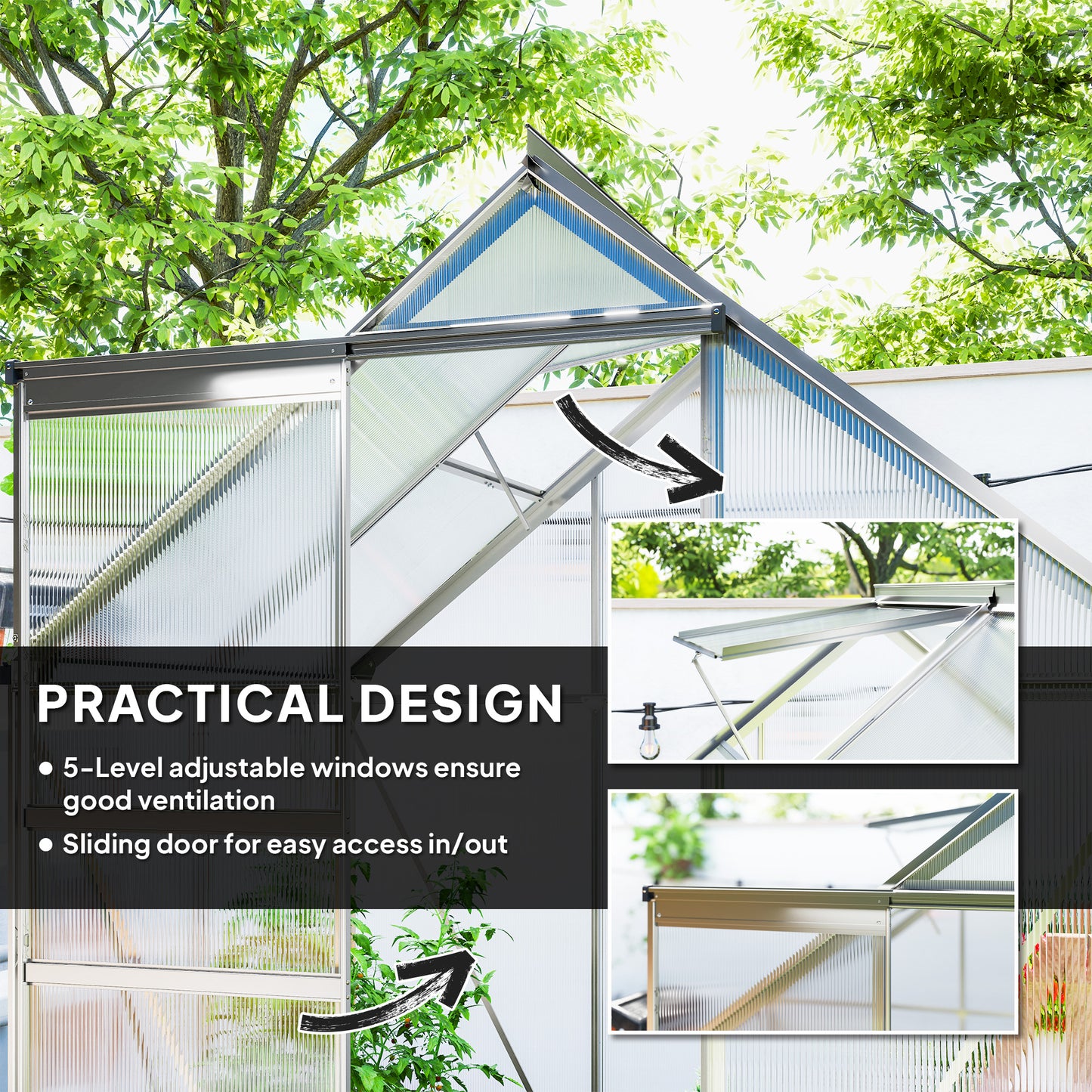 Outsunny 192.5 x 131cm Walk-In Polycarbonate Greenhouse - Silver-Tone