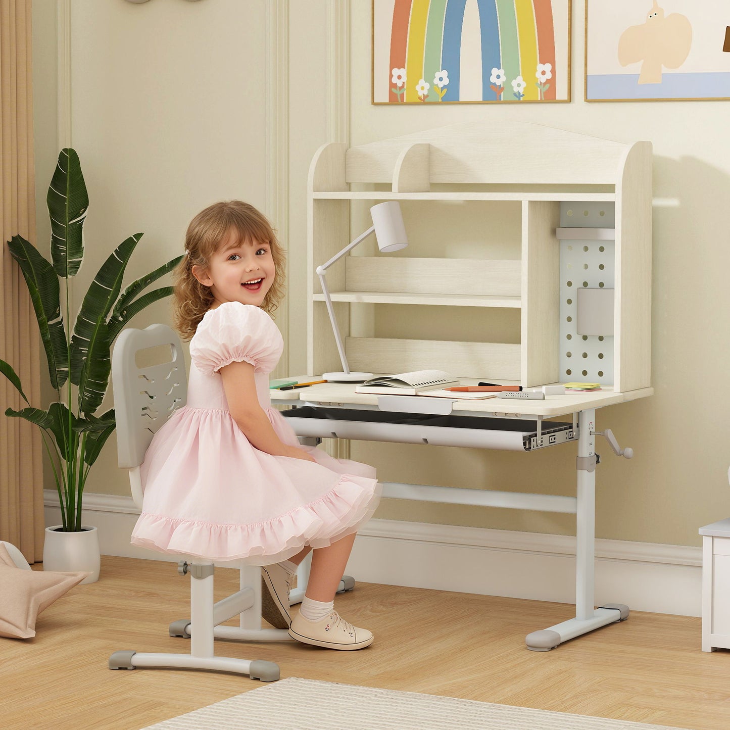 AIYAPLAY Kids Desk Height Adjustable with Tilt-Desktop, Hutch, Drawer, Storage Shelf, Pegboard, for 3-12 Years Old, Natural