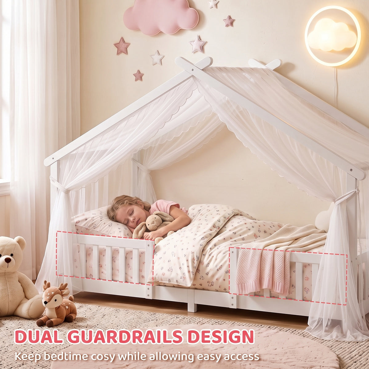 AIYAPLAY Wooden Kids House Single Bed Frame, Solid Pine Wood Toddler Bed with Dual Guardrails for Children, Boys, Girls, White