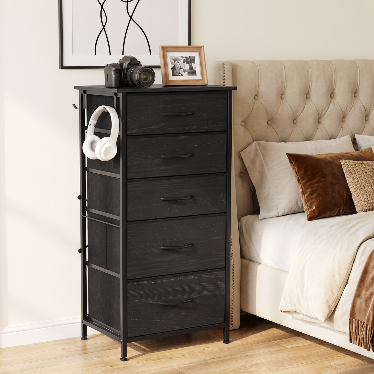 HOMCOM Chest of Drawers, Dresser with 5 Fabric Drawers, Tall Storage Unit with 4 Pockets and 2 Hooks, Steel Frame, Black