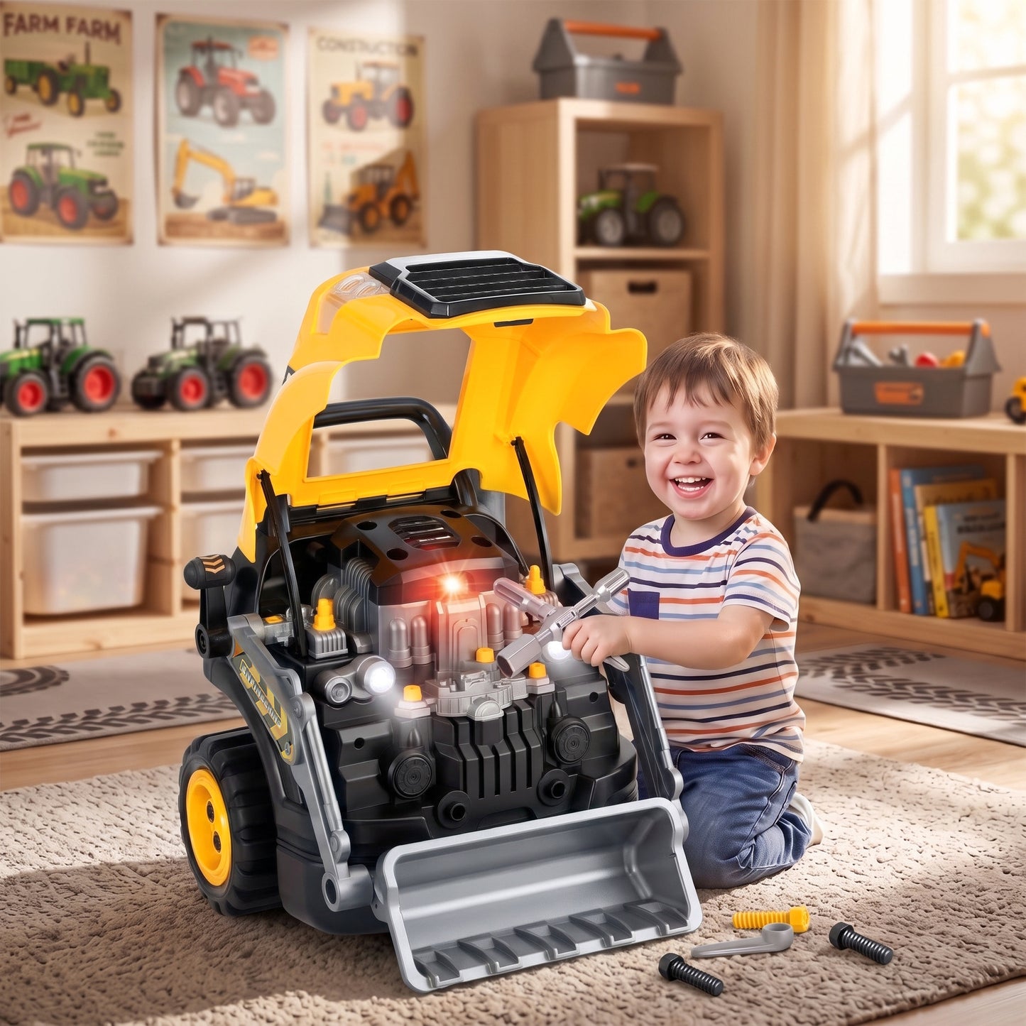 AIYAPLAY Kids Truck Engine Toy, Excavator Toy Steering Wheel with Spray, Lights and Sounds for 3-6 Years Boys Girls, Yellow