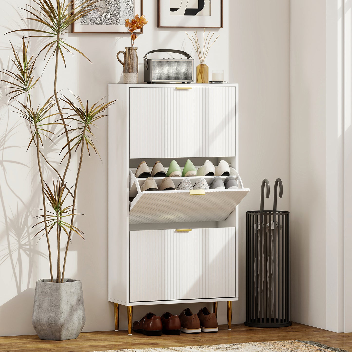 HOMCOM Narrow Shoe Cabinet with 3 Flip Drawers - White