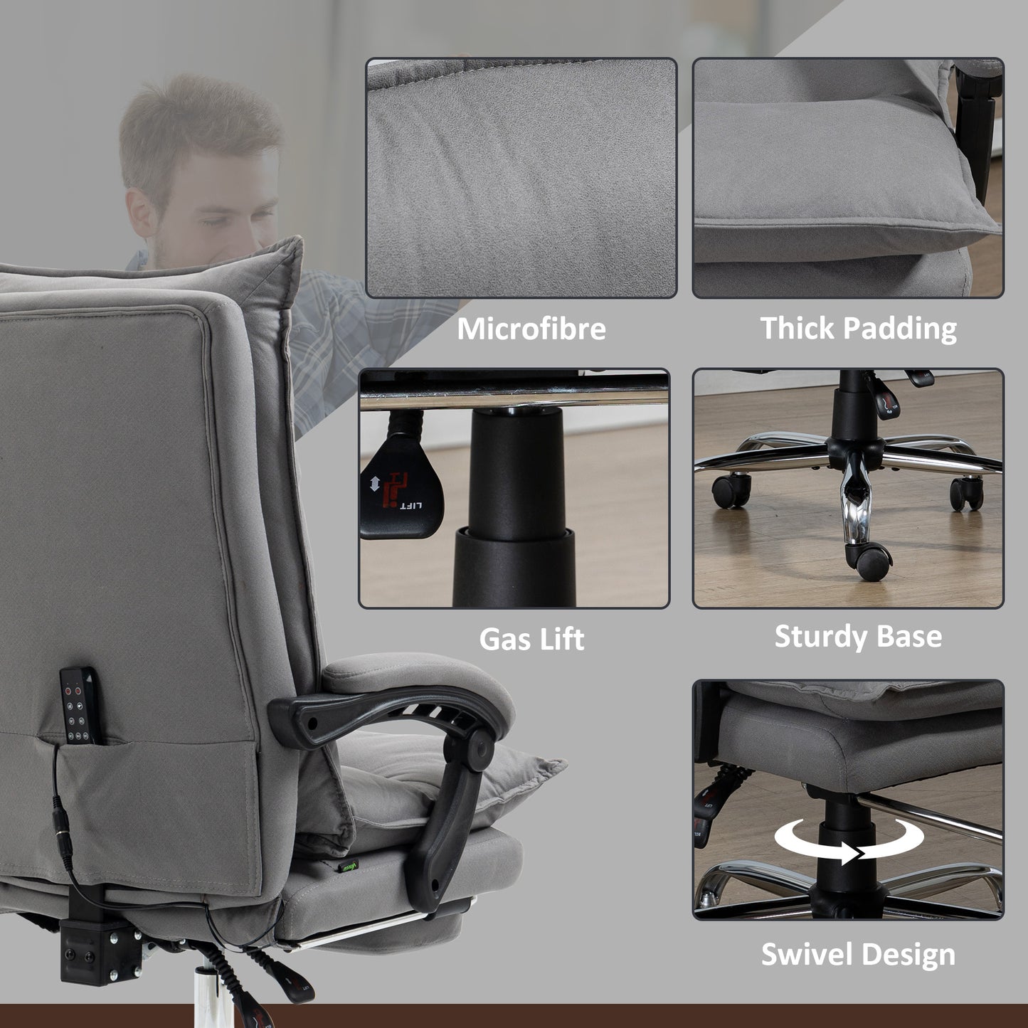 Vinsetto Massage Office Chair with Footrest, Desk Chair with 6 Point Massage and Heat, 155Â° Reclining Back for Home, Thick Padding, Grey