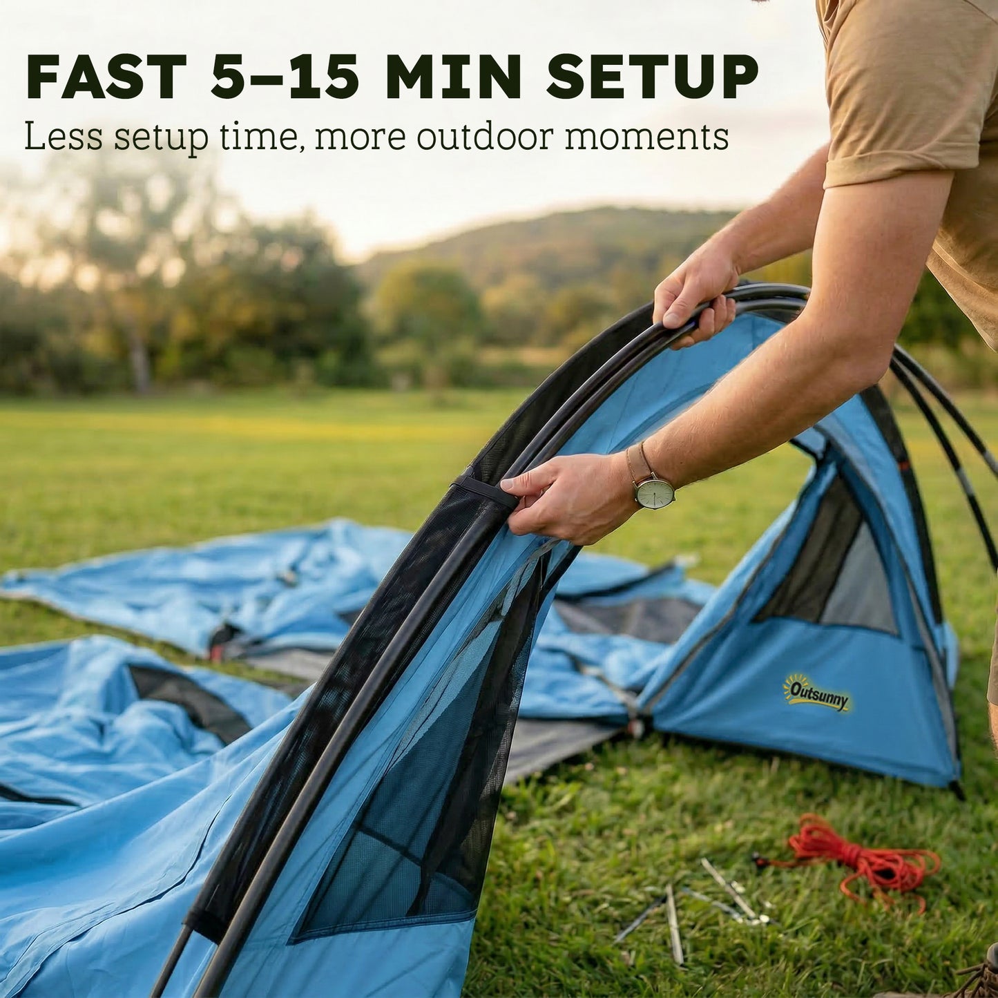 Outsunny 4 Person Easy Setup Family Camping Tent with 2 Rooms, Waterproof Tunnel Tent w/ Sewn In Groundsheet, Sky Blue & Grey