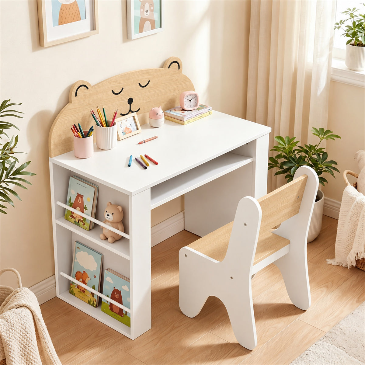 AIYAPLAY Kids Table and Chair Set with Side Bookshelves, Open Storage, Non-Slip Pads for 3-8 Y, Bedroom, Study Room, Bear-Themed