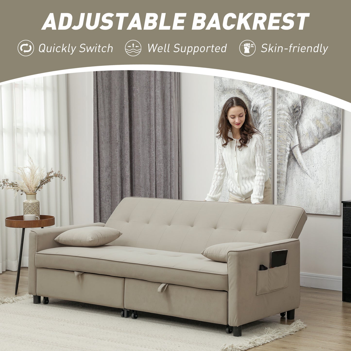 HOMCOM 3 Seater Velvet Sofa Bed, Convertible Pull-Out Sofa Bed with Adjustable Backrest, Space Saving Living Room Sofa, Beige