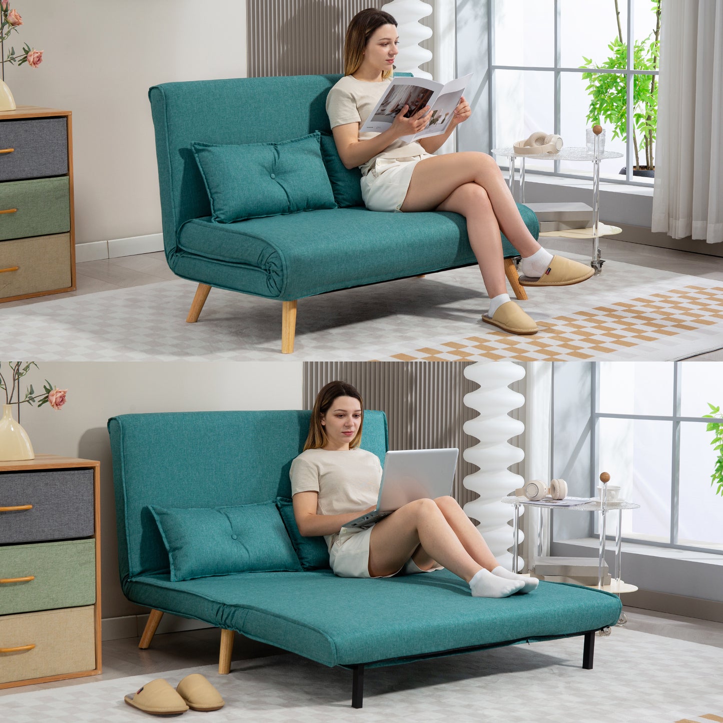 HOMCOM Two-Seater Linen-Look Sofa Bed - Green