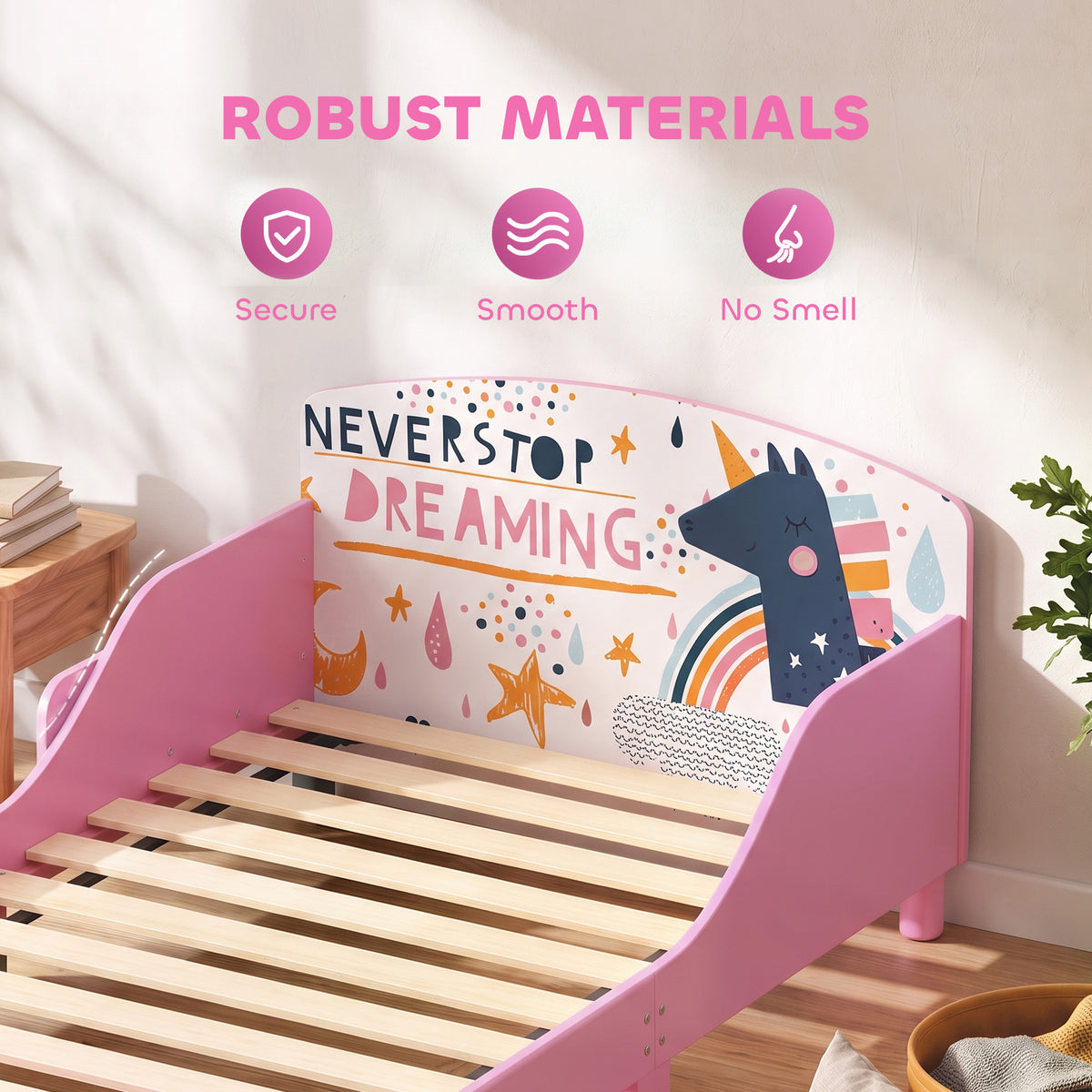 AIYAPLAY Toddler Bed with Bedside Storage and Guard Rails for 3-8, Fits 140 x 70 x 10cm Mattress, Pink Girl Print
