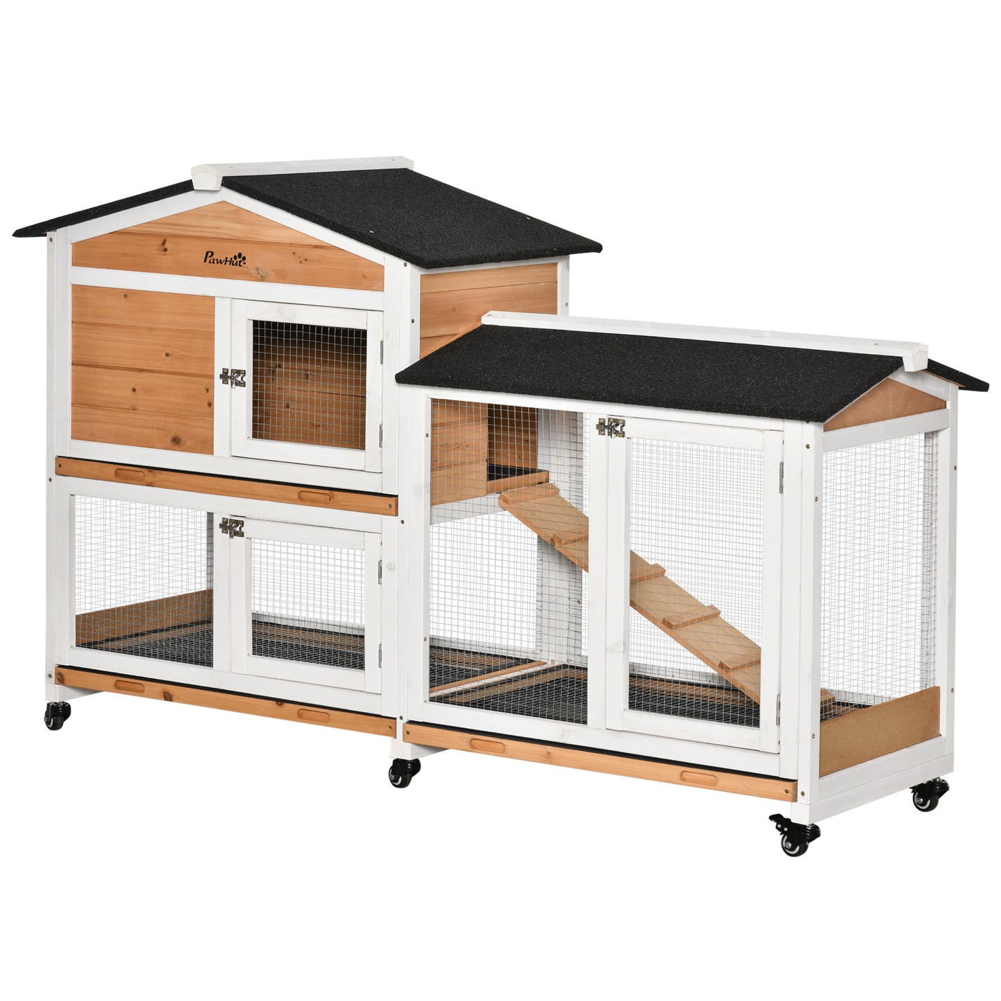 PawHut Rabbit Hutch Outdoor with Run Guinea Pig Hutch 2-Tier Bunny Cage w/ Wheels No-Leak Plastic Tray 157.4 x 53 x 99.5 cm - Yellow Default Title
