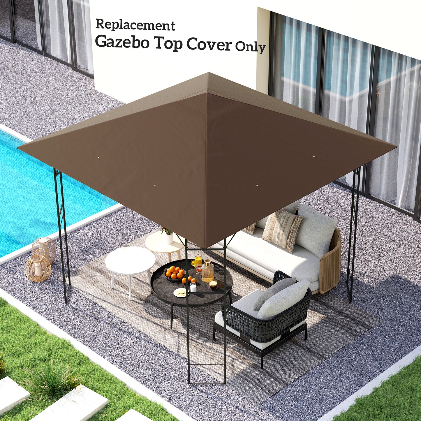 Outsunny 3 x 3(m) Gazebo Canopy Replacement Cover, Garden Gazebo Roof Replacement with Drain Holes, Water-resistant Plastic Coating, 370g/ãŽ¡, UPF30+, TOP COVER ONLY, Brown
