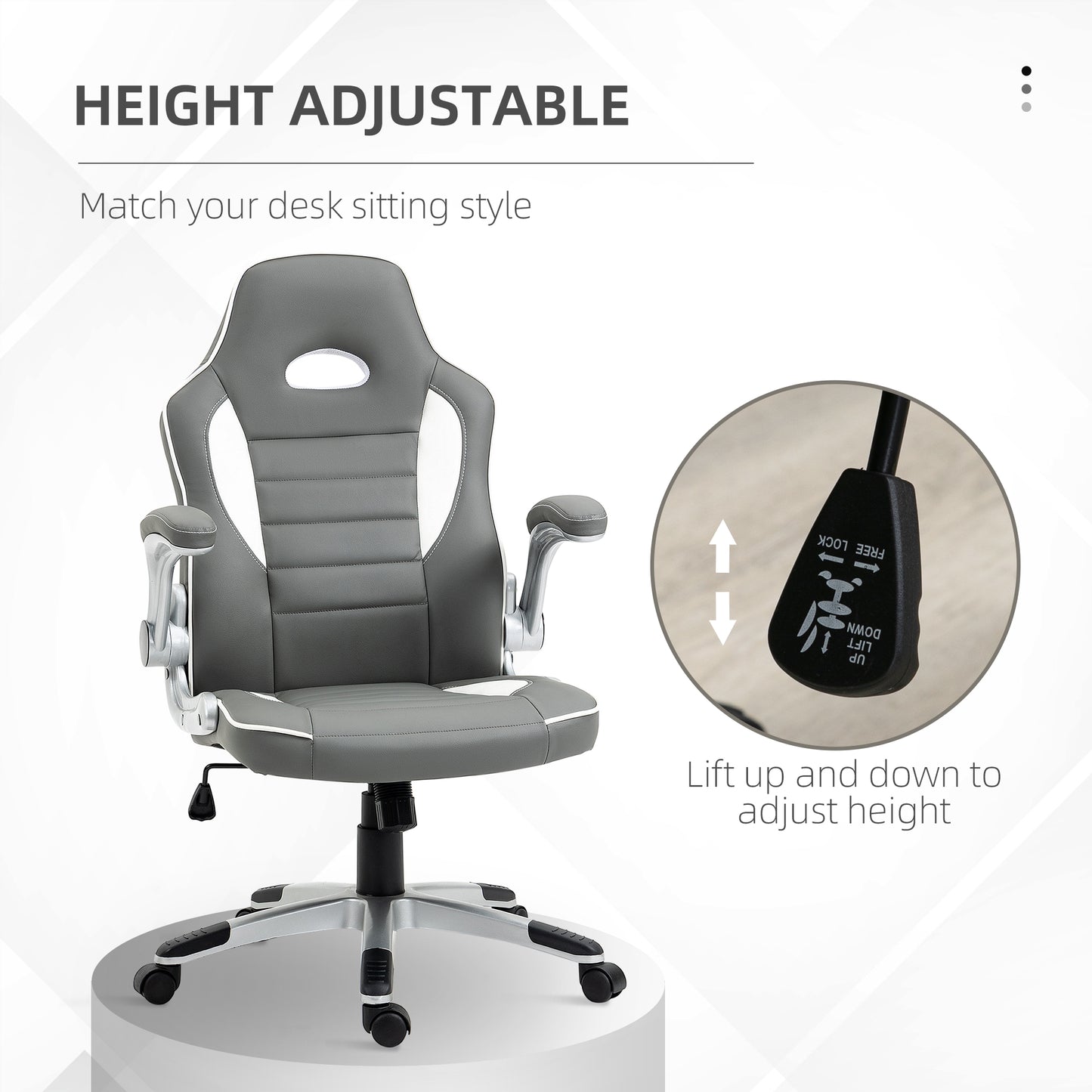 Vinsetto Computer Gaming Chair, Office Desk Swivel Chair, PU Leather Racing Chair with 90Â° Flip-up Armrest, Adjustable Height and Rolling Wheels, Grey