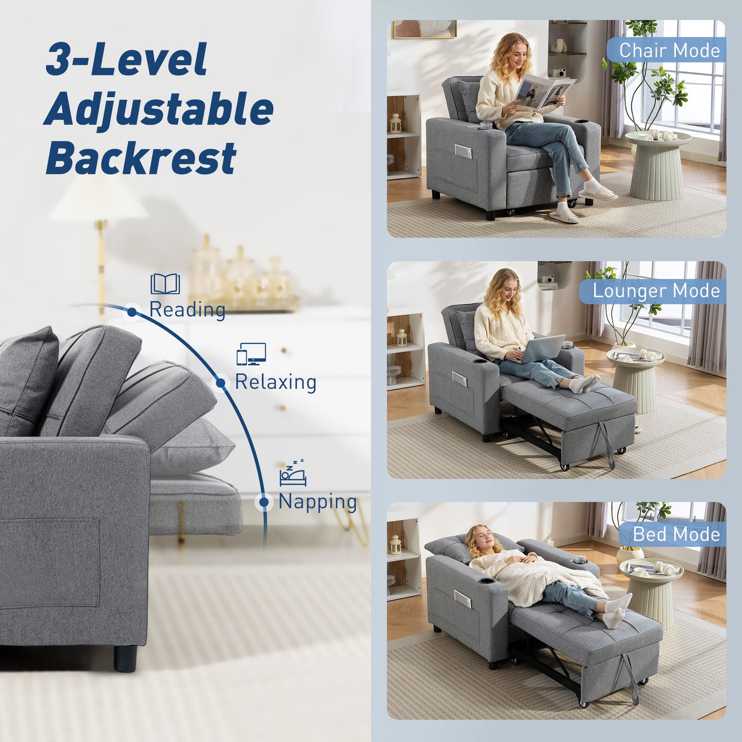 HOMCOM 3-in-1 Single Sofa Bed, Convertible Sleeper Chair Bed - Dark Grey