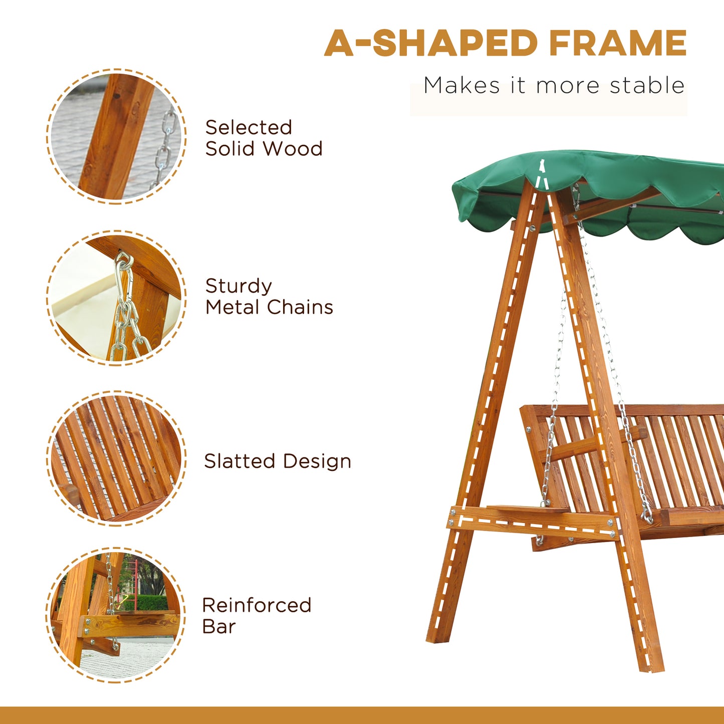 Outsunny 3-Seater Pinewood Swing Chair-Green