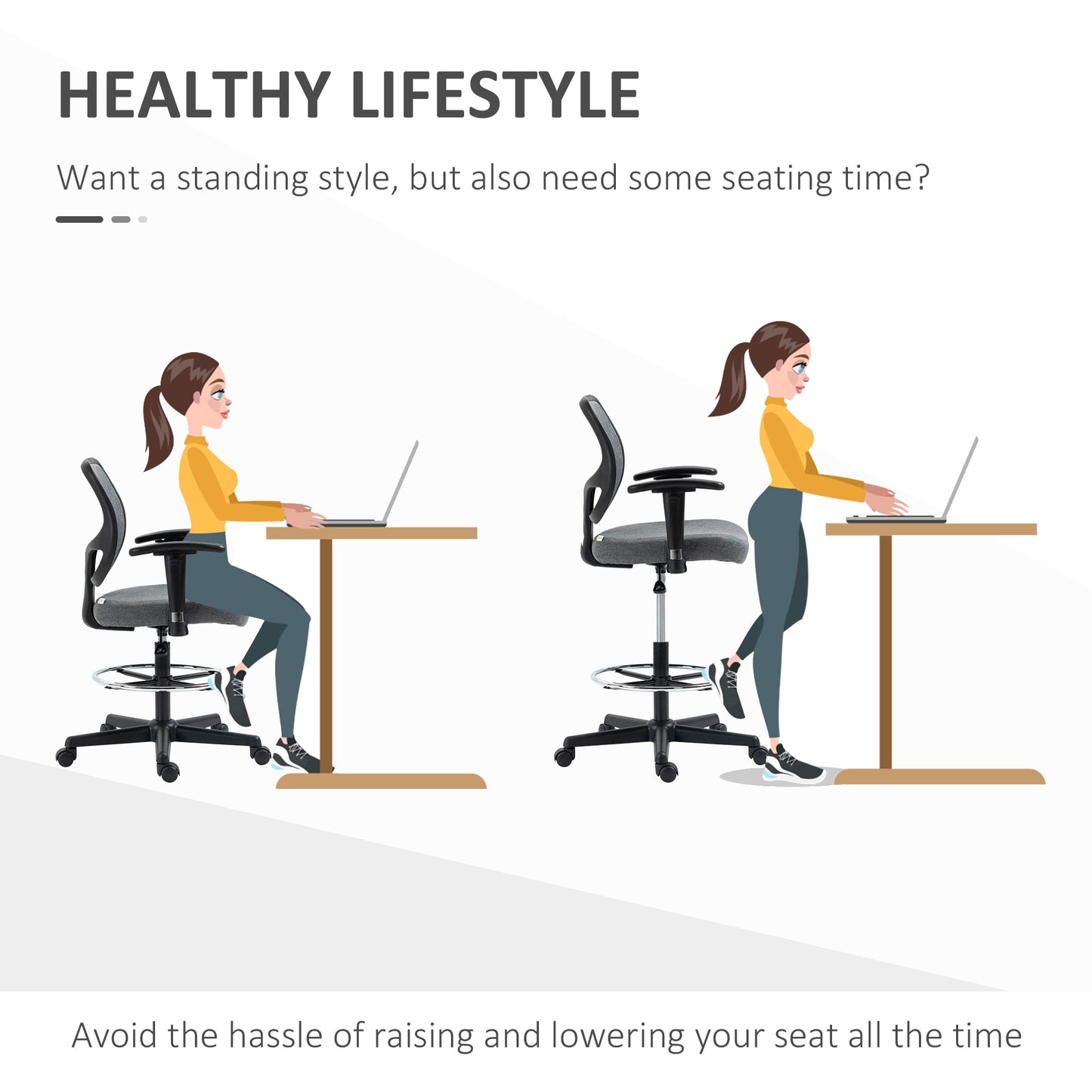 Vinsetto Drafting Chair, Fabric Office Chair, Ergonomic Painting Chair with Height Armrest Adjustable and Foot Ring, 360Â° Swivel Stool Chair for Standing Desk, Grey