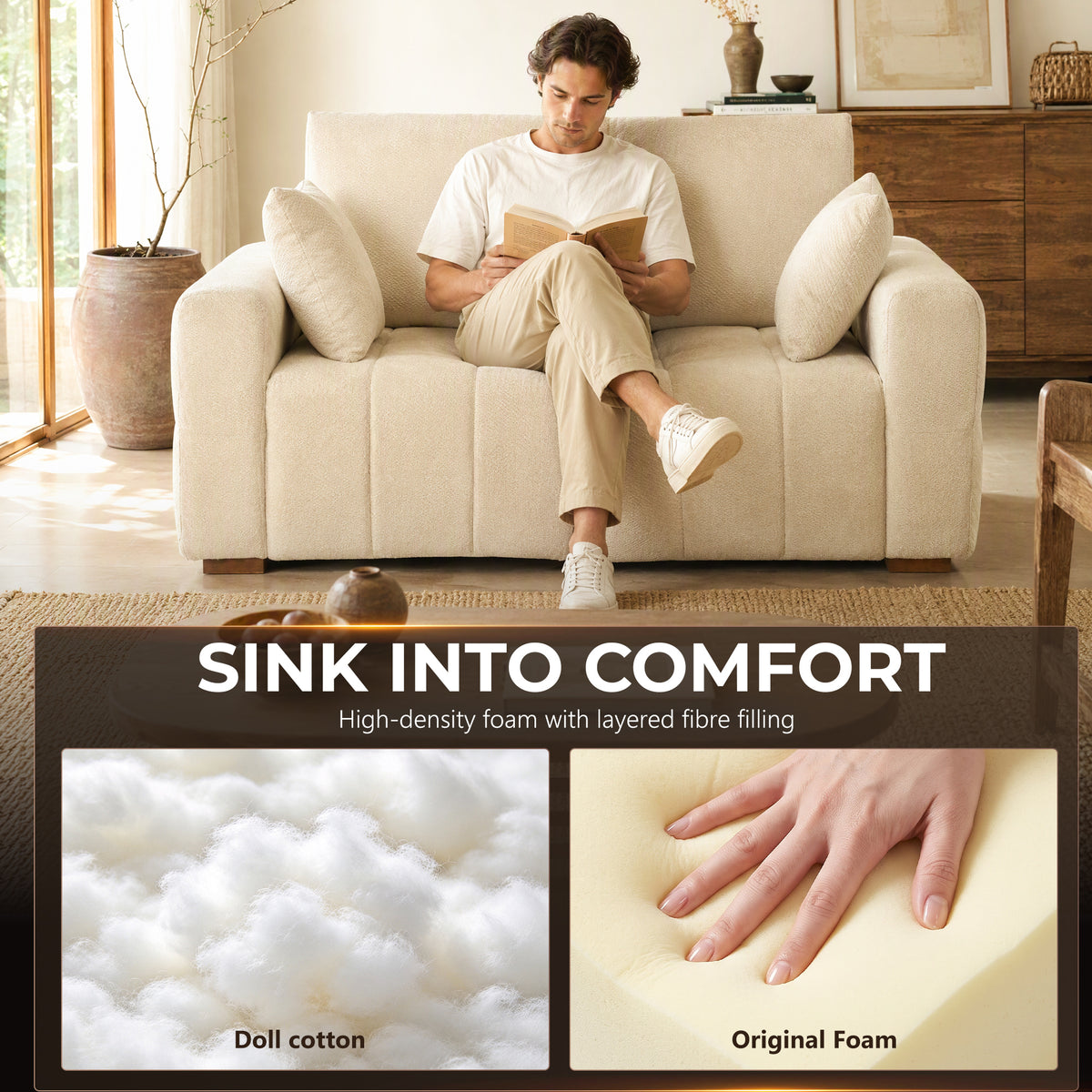 HOMCOM 2 Seater Sofa, Upholstered Velvet Small Couch for Bedroom with Pillows, Modern Sofa Settee with Padded Cushion and Wood Legs for Living Room, Cream White