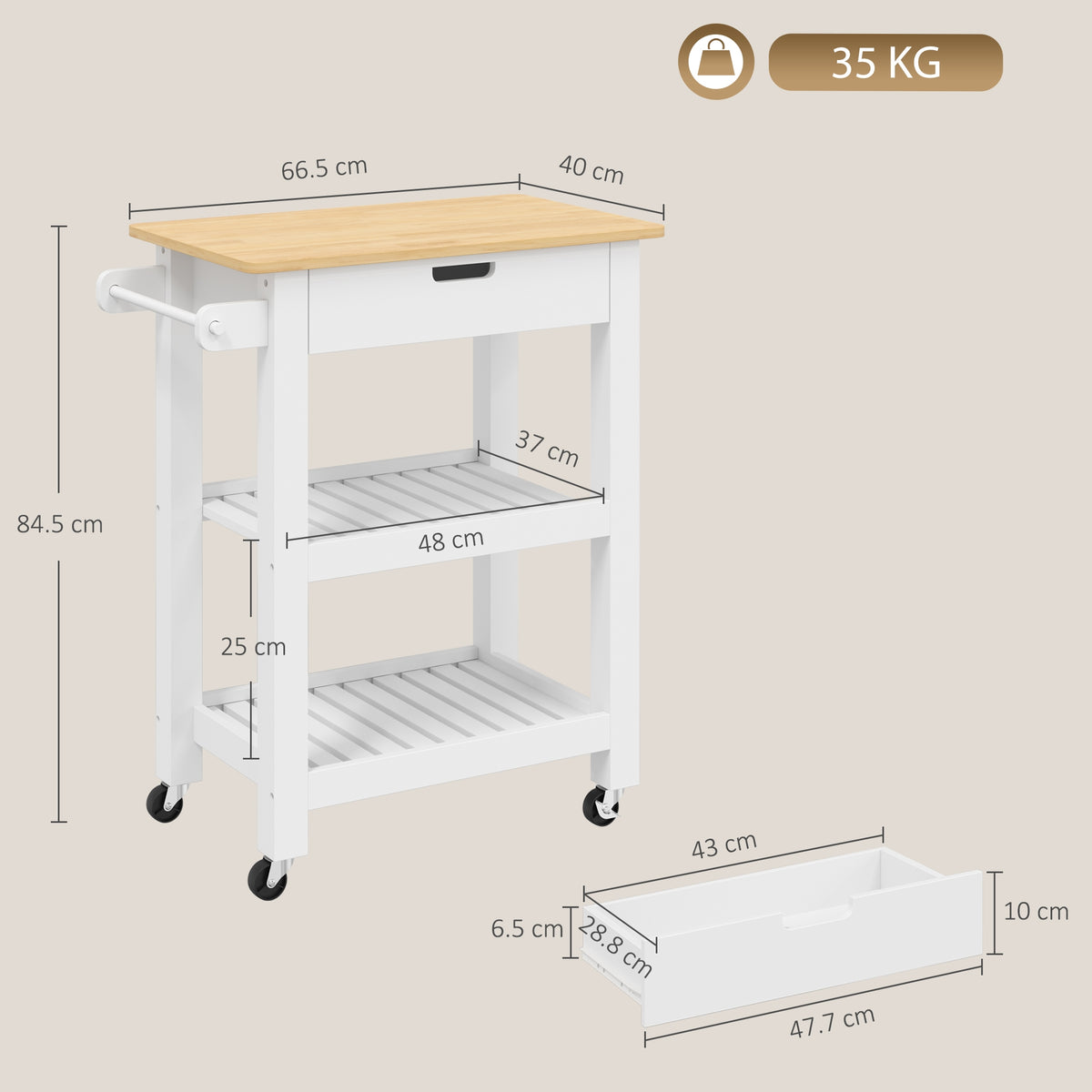 HOMCOM Kitchen Trolley Utility Cart on Wheels with Rubberwood Worktop, Towel Rack, Storage Shelves & Drawer for Dining Room