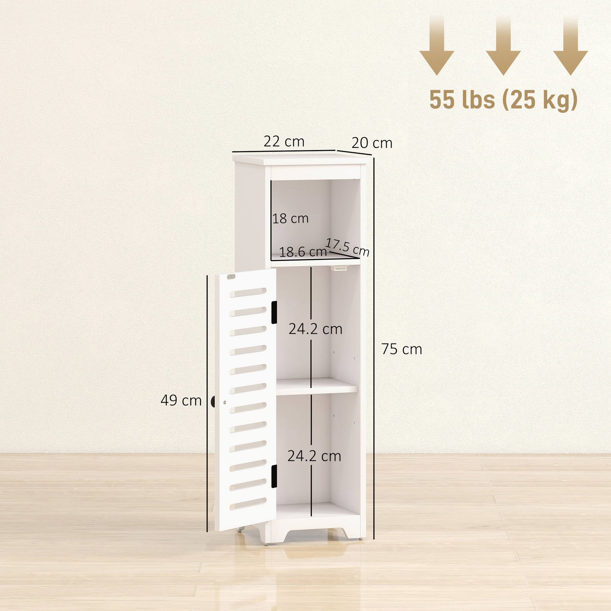 HOMCOM Bathroom Floor Cabinet, Bathroom Storage Unit with Louvered Door, Open Shelf, Adjustable Shelf, White, 22 x 20 x 75 cm