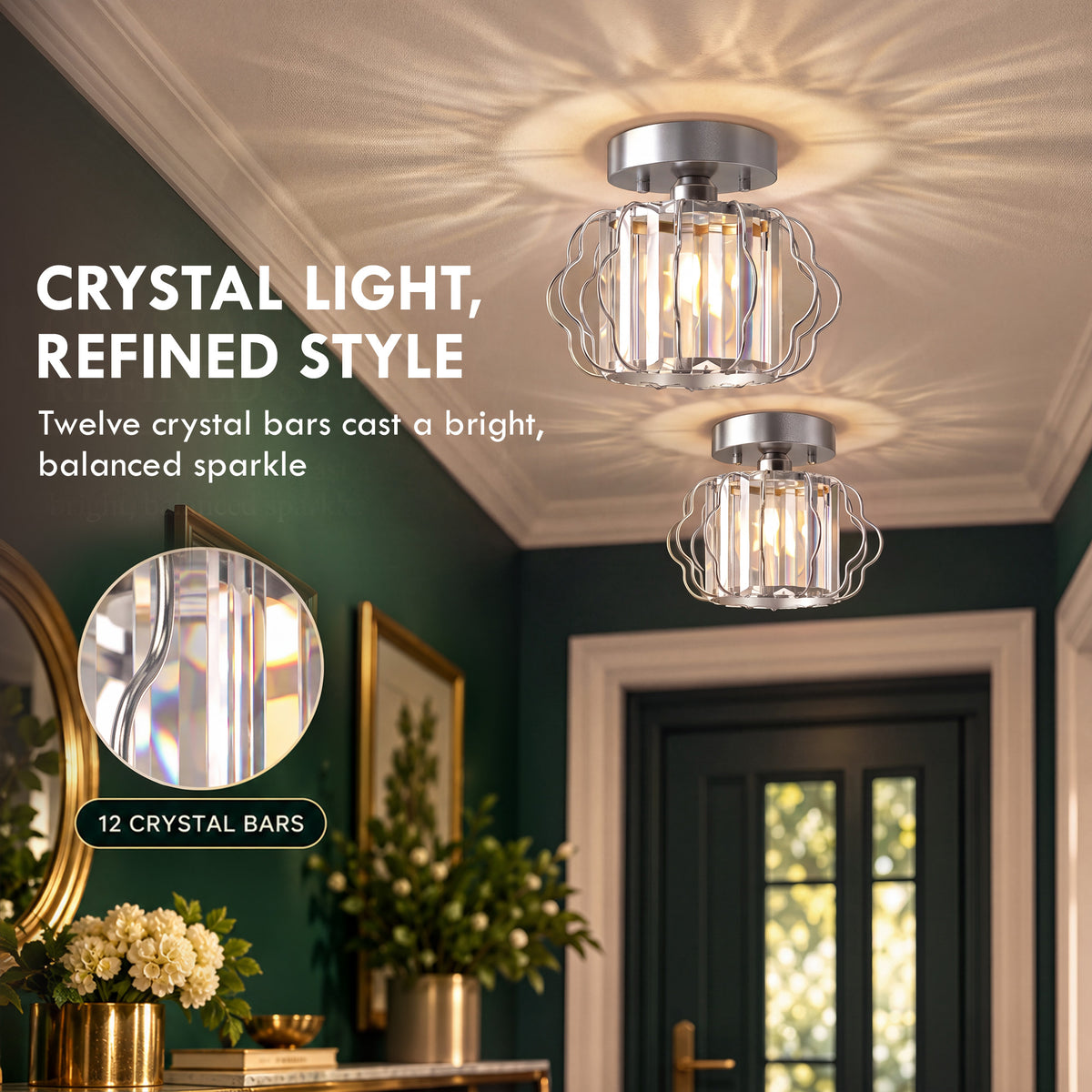 HOMCOM Crystal Ceiling Light Fixtures, Modern Semi-Flush Ceiling Lighting with Crystal Strips, 2 Pack, Silver Tone