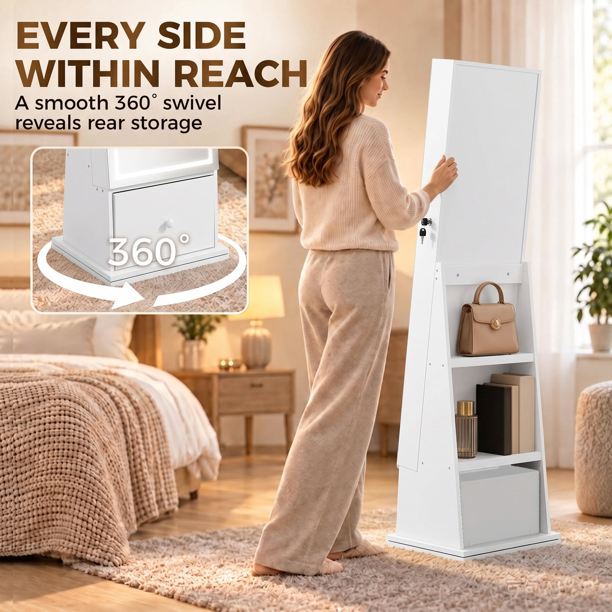 HOMCOM Swivel Jewelry Cabinet with LED Lights, Lockable Standing Full Length Mirror with Storage, 3-Colour Dimmable, White
