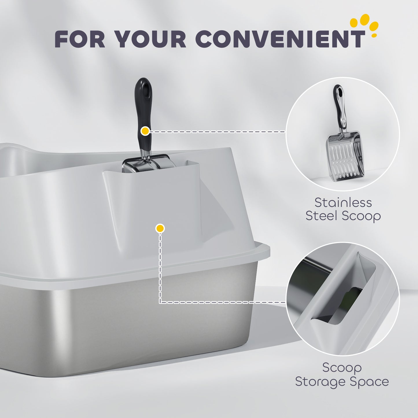 PawHut XXL Stainless Steel Cat Litter Box with High Sides, Metal Scoop, 70 x 50 x 30 cm