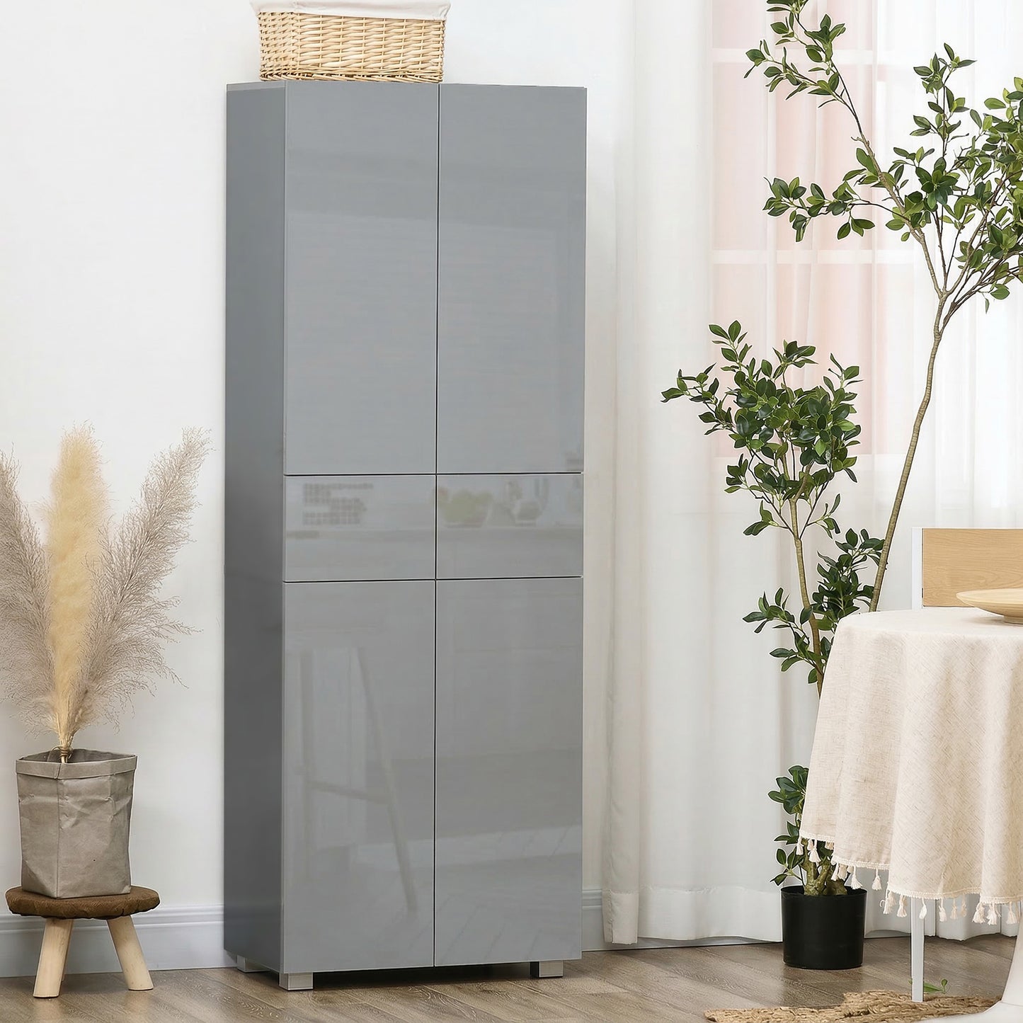 HOMCOM Storage Cabinet, Kitchen Cupboard with 3 Adjustable Shelves, 60L x 35W x 170H cm, High Gloss Grey