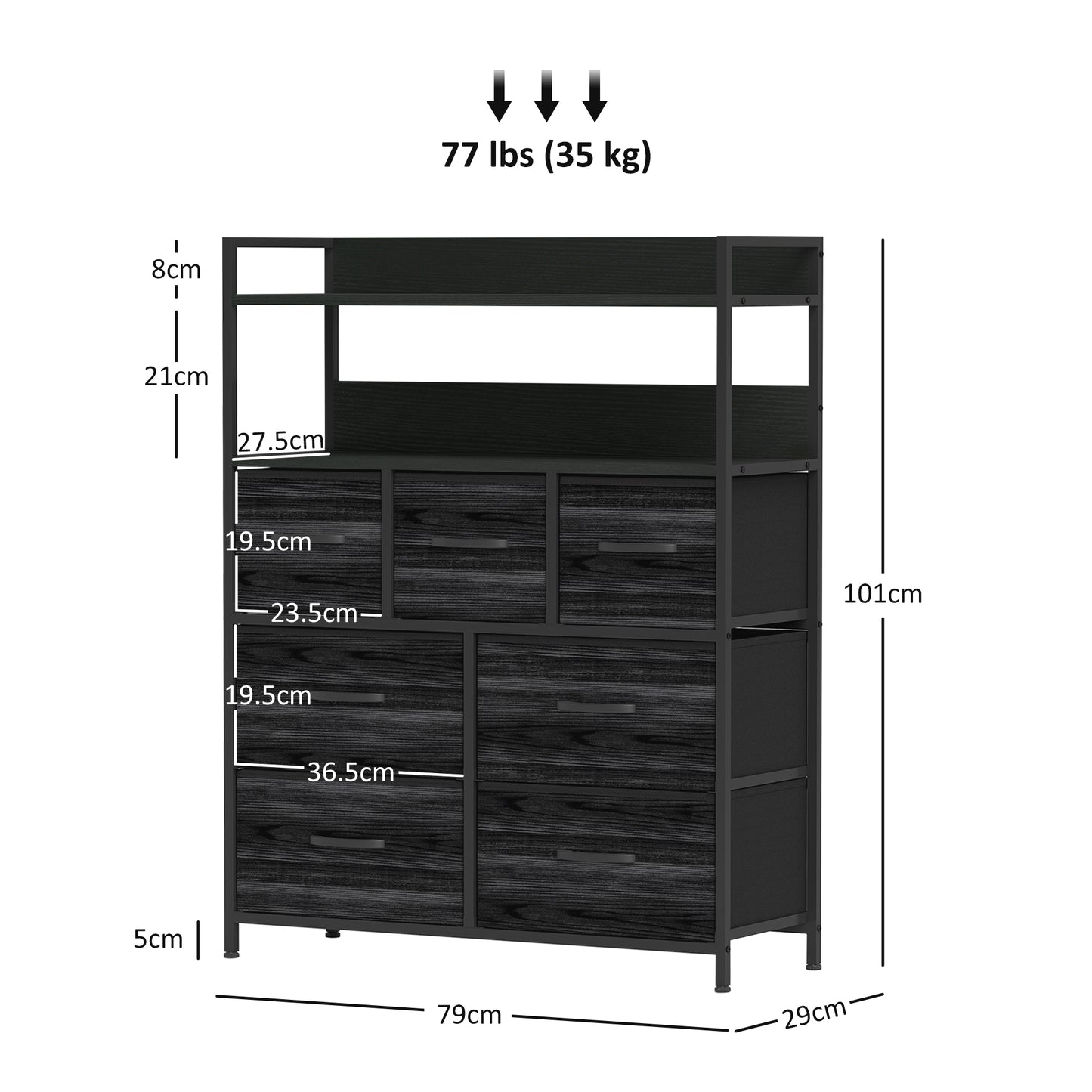 HOMCOM Rustic Chest of Seven Fabric Drawers - Black