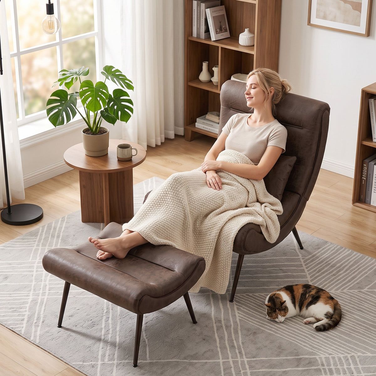HOMCOM Modern Accent Chair with Footstool, Upholstered Lounge Chair with 64cm Wide Seat, Lumbar Pillow, Trapezoidal Backrest
