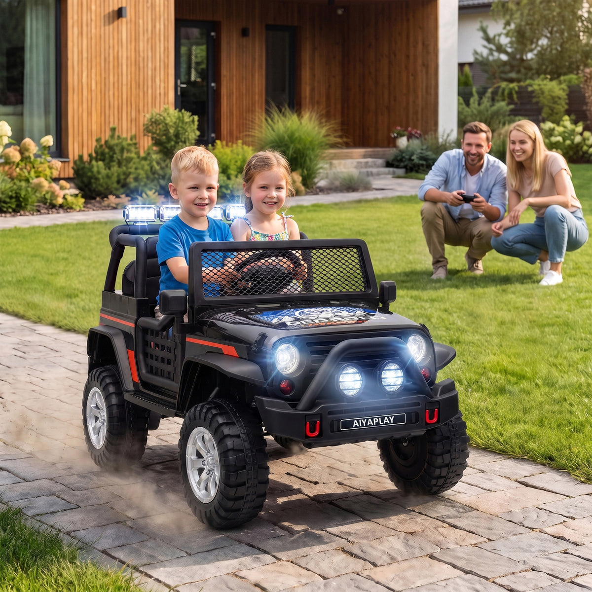 AIYAPLAY 12V Kids Electric Ride on Car with 2 Motors, Remote Control, Soft Start, Four-Wheel Suspension, Seat Belt