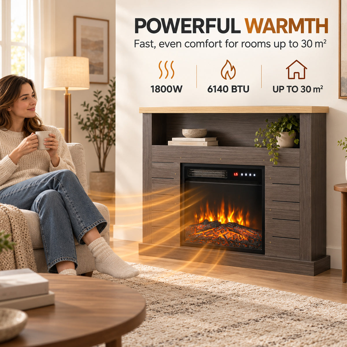 HOMCOM Electric Fireplace Suite, 1800W Electric Fire and Surround with LED Flame, Remote, Thermostat Overheat Protection