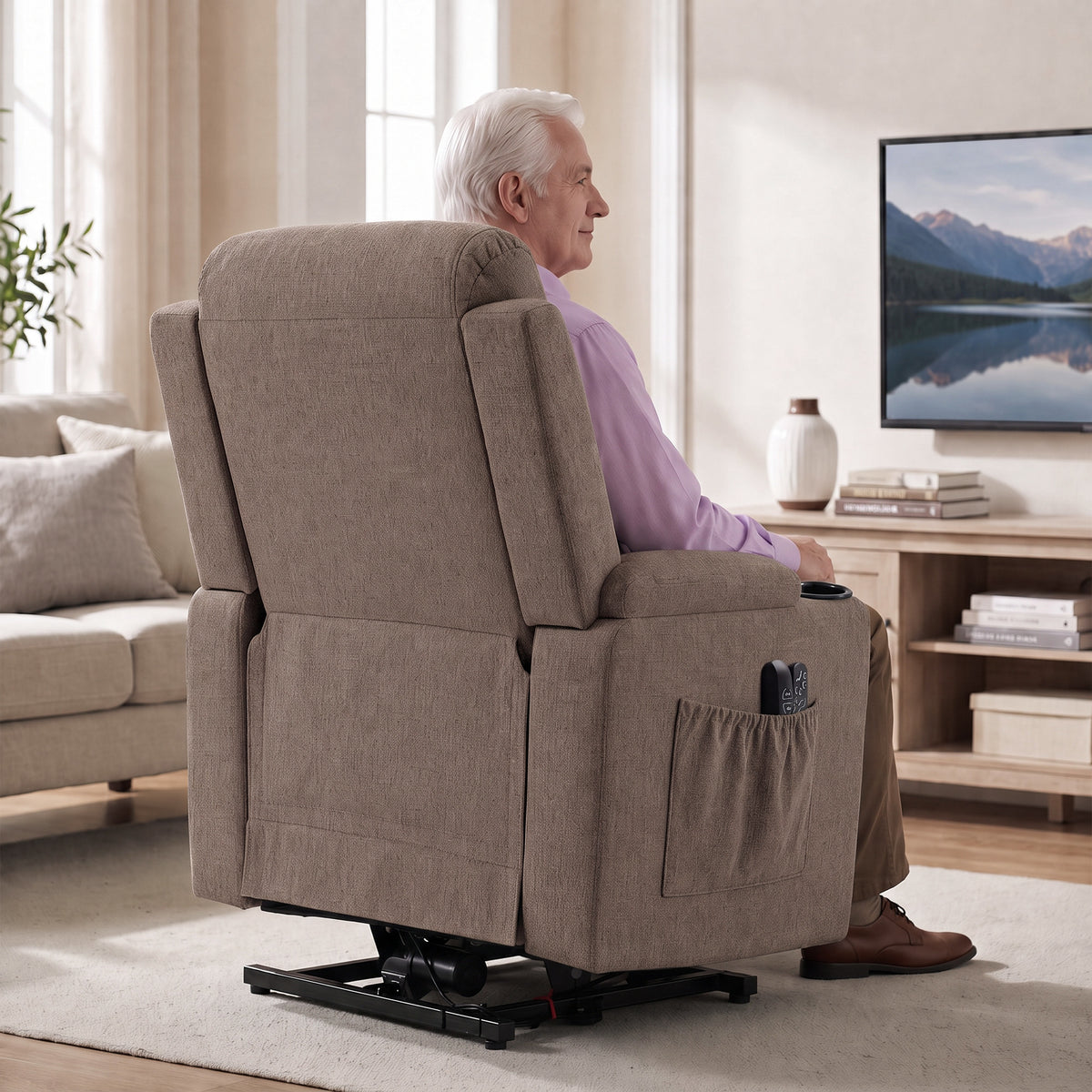 HOMCOM Riser Recliner Chair with Massage and Heat, Linen Electric Lift Armchair for Elderly with Spring Cushion, Brown