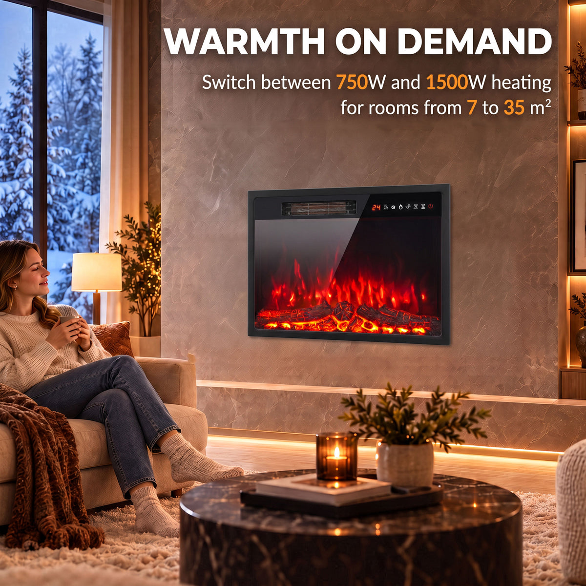 HOMCOM Electric Fireplace Insert, Recessed Electric Fire with Adjustable Flame Effect, Timer, Remote, 750W/1500W, Black