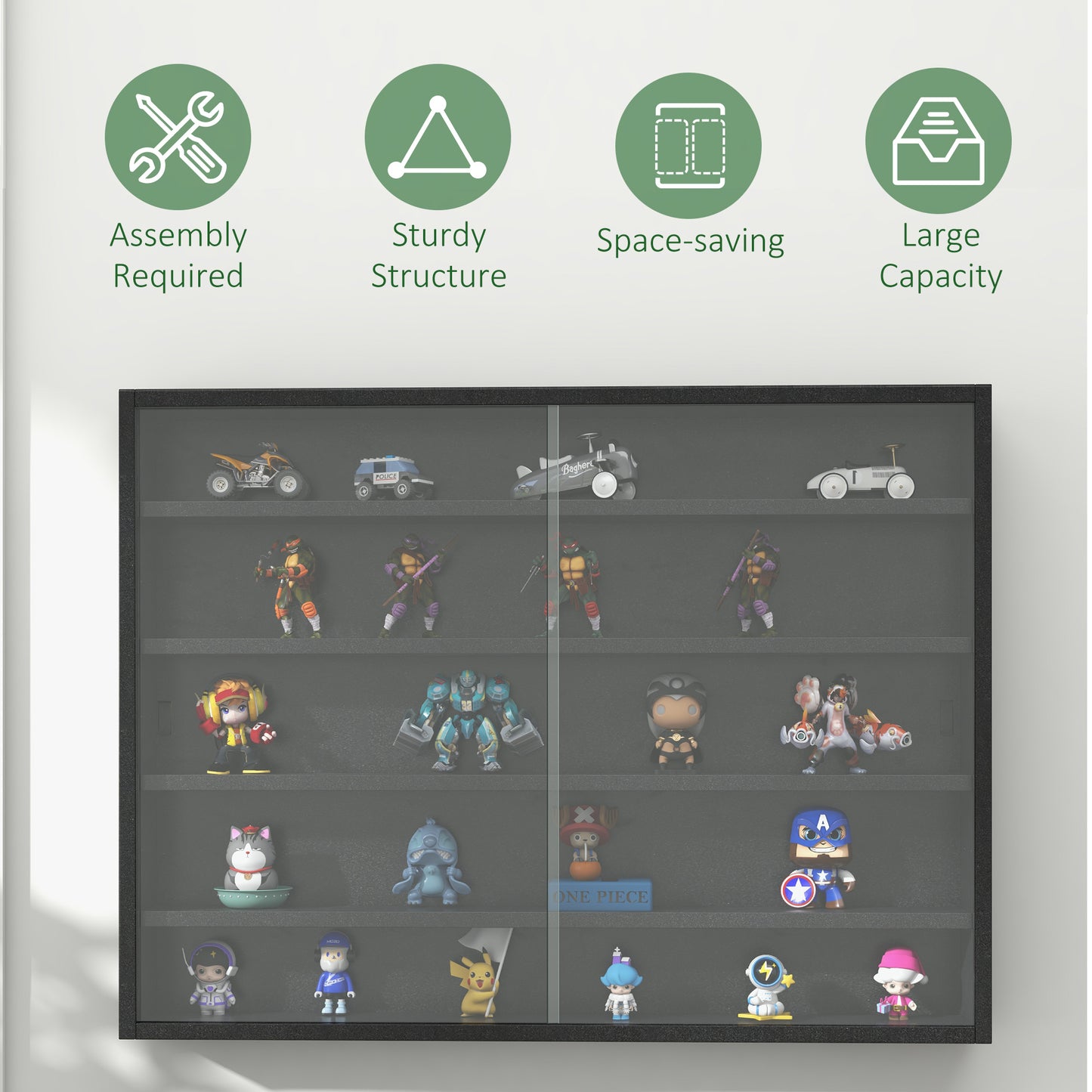 HOMCOM 5-Tier Wall Display Shelf Unit Cabinet w/ 4 Adjustable Shelves Glass Doors Home Office Ornaments 60x80cm Black