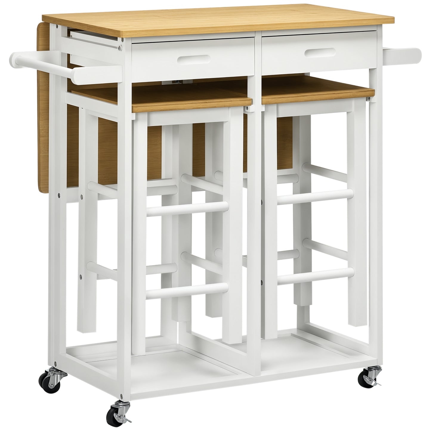 HOMCOM Kitchen Island Set with 2 Stools, Bamboo Breakfast Cart with Drop Leaf Top, Drawers and Towel Rack, Rolling Kitchen Cart and Chairs Set, White Default Title