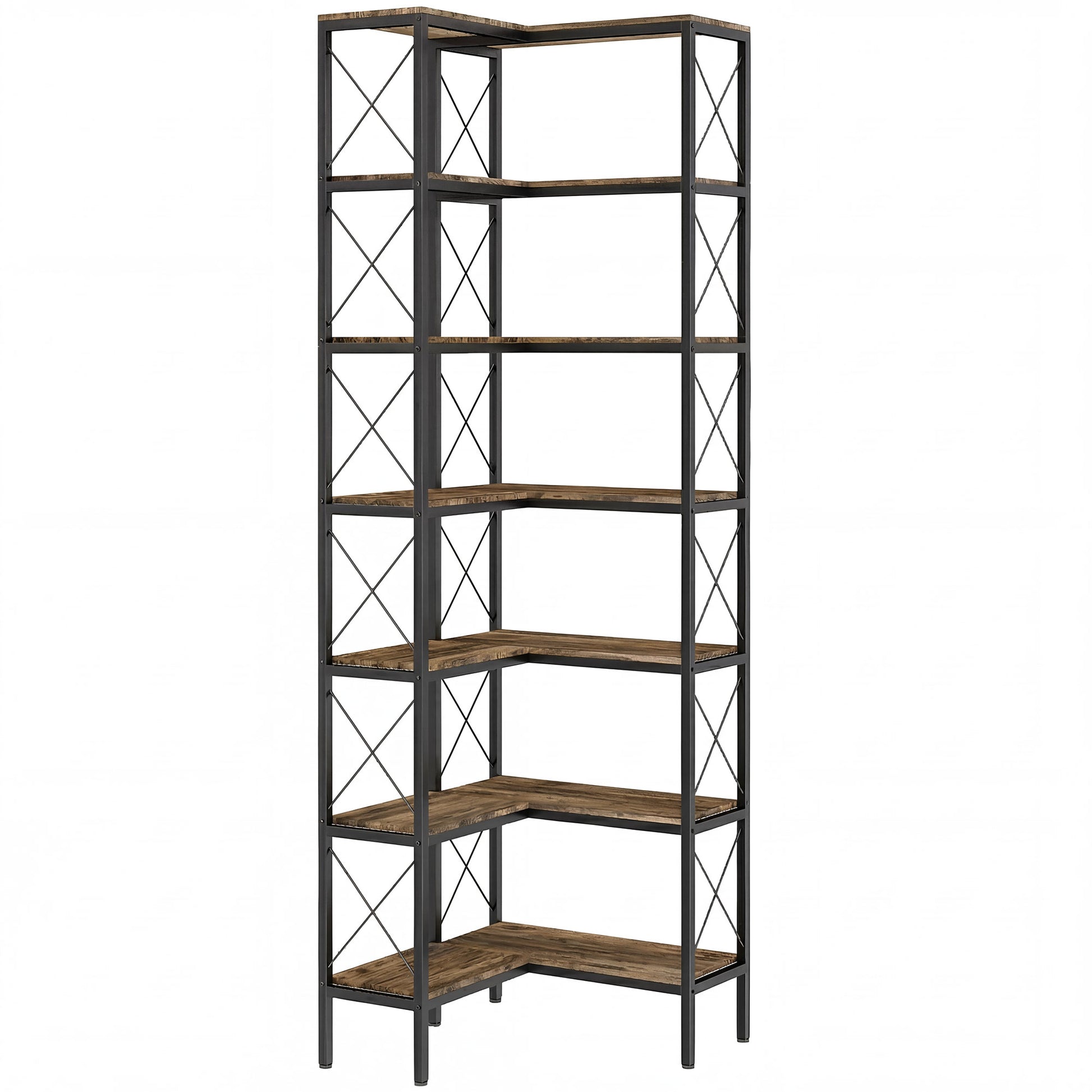 HOMCOM 6-Tier L-Shaped Bookshelf, Freestanding Corner Bookcase with Metal Frame, Rustic Brown Default Title