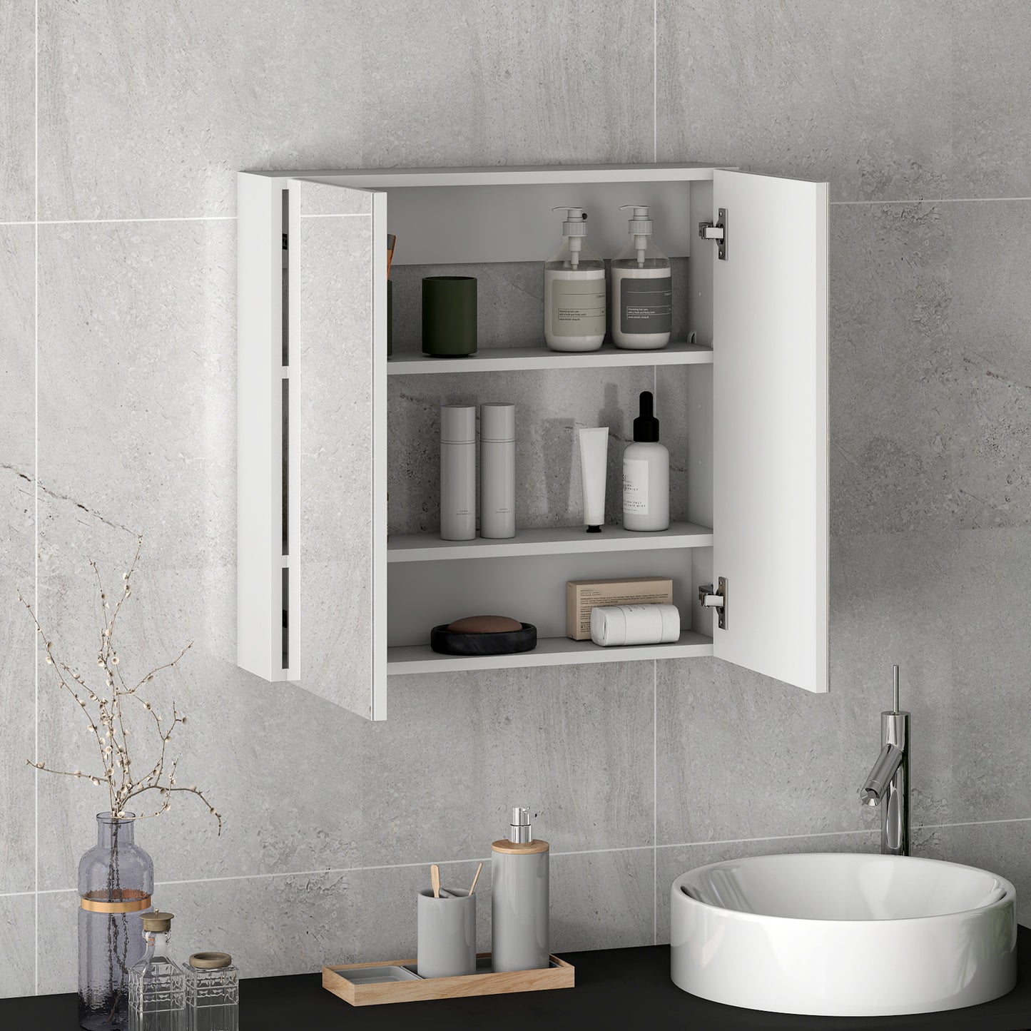 HOMCOM 60 x 15 cm Double Door Bathroom Mirror Cabinet - White