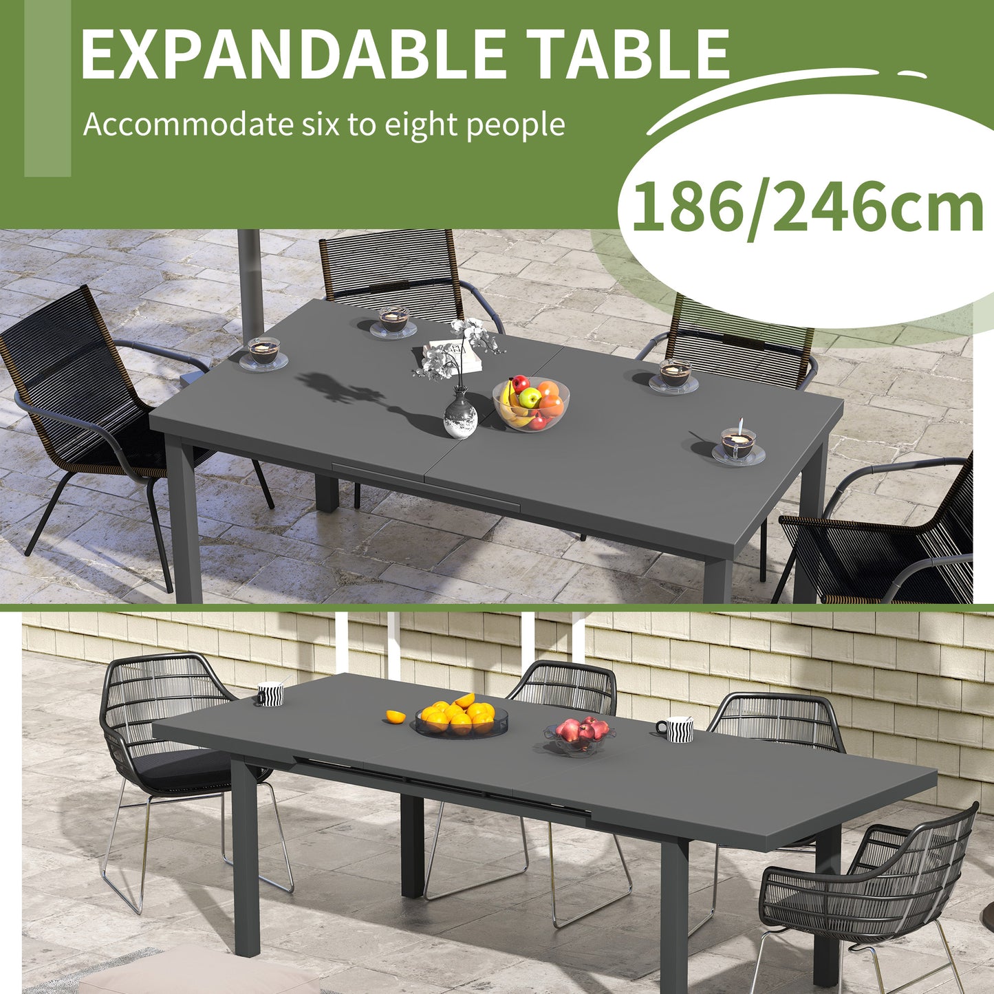Outsunny Aluminium Garden Table for 6-8, 246 cm Extending Outdoor Dining Table Rectangle for Patio, Balcony - Charcoal Grey
