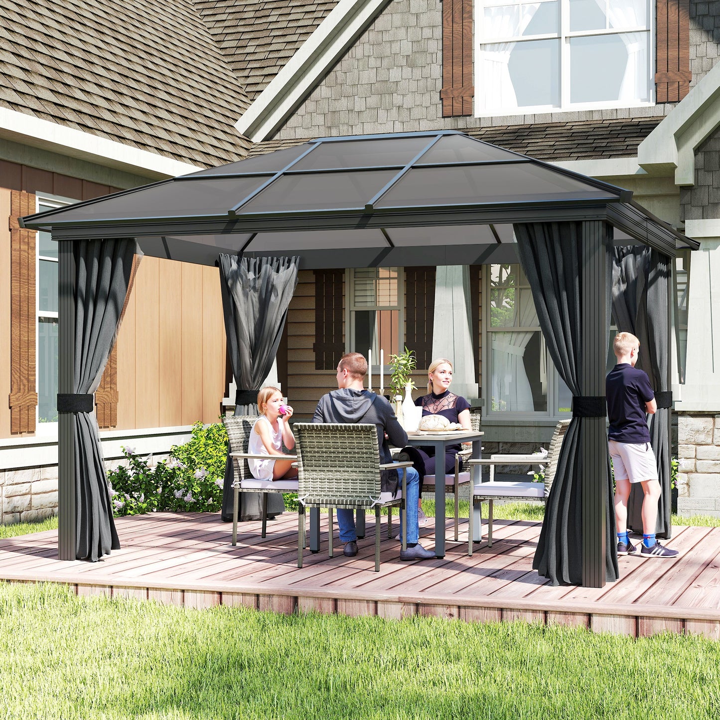 Outsunny 3 x 3.6m Hardtop Gazebo Canopy with Polycarbonate Roof, Aluminium Frame, Permanent Pavilion Garden Gazebo with Netting and Curtains for Patio, Deck, Dark Grey
