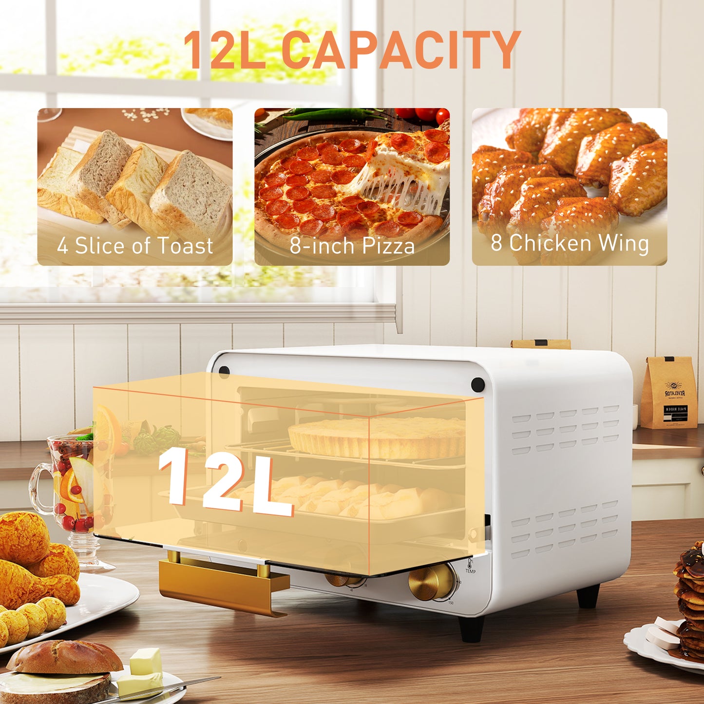 HOMCOM Small Toaster Oven, 12L Multifunction Mini Countertop Oven with Glass Door, Adjustable Temperature and Timer, White