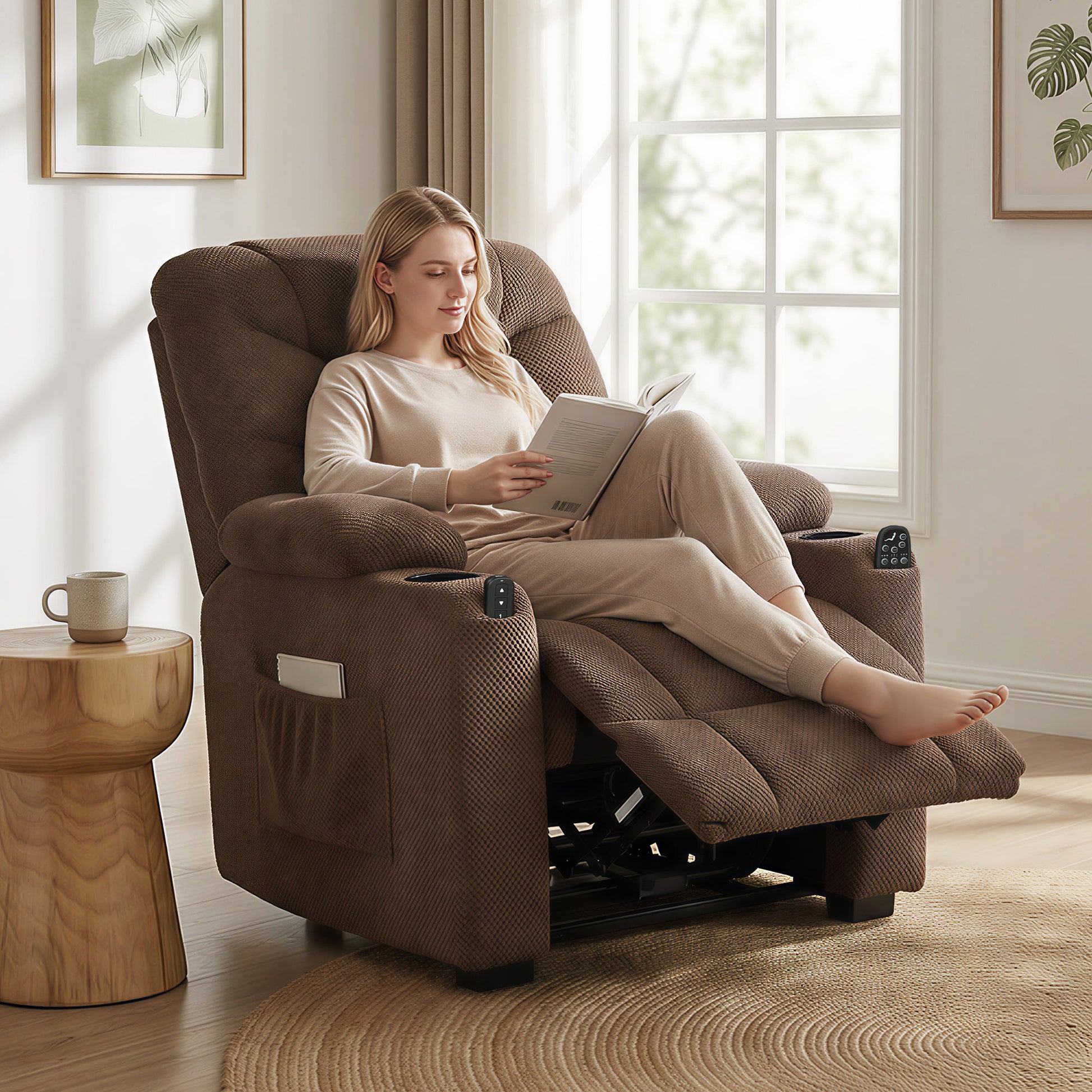 HOMCOM Electric Massage Recliner Armchair with Vibration, Heat, Whisper-Quiet Motor, Memory Function, Fleece Power Reclining Chair with Spring Pack, USB Port, Footrest, Side Pocket, Brown